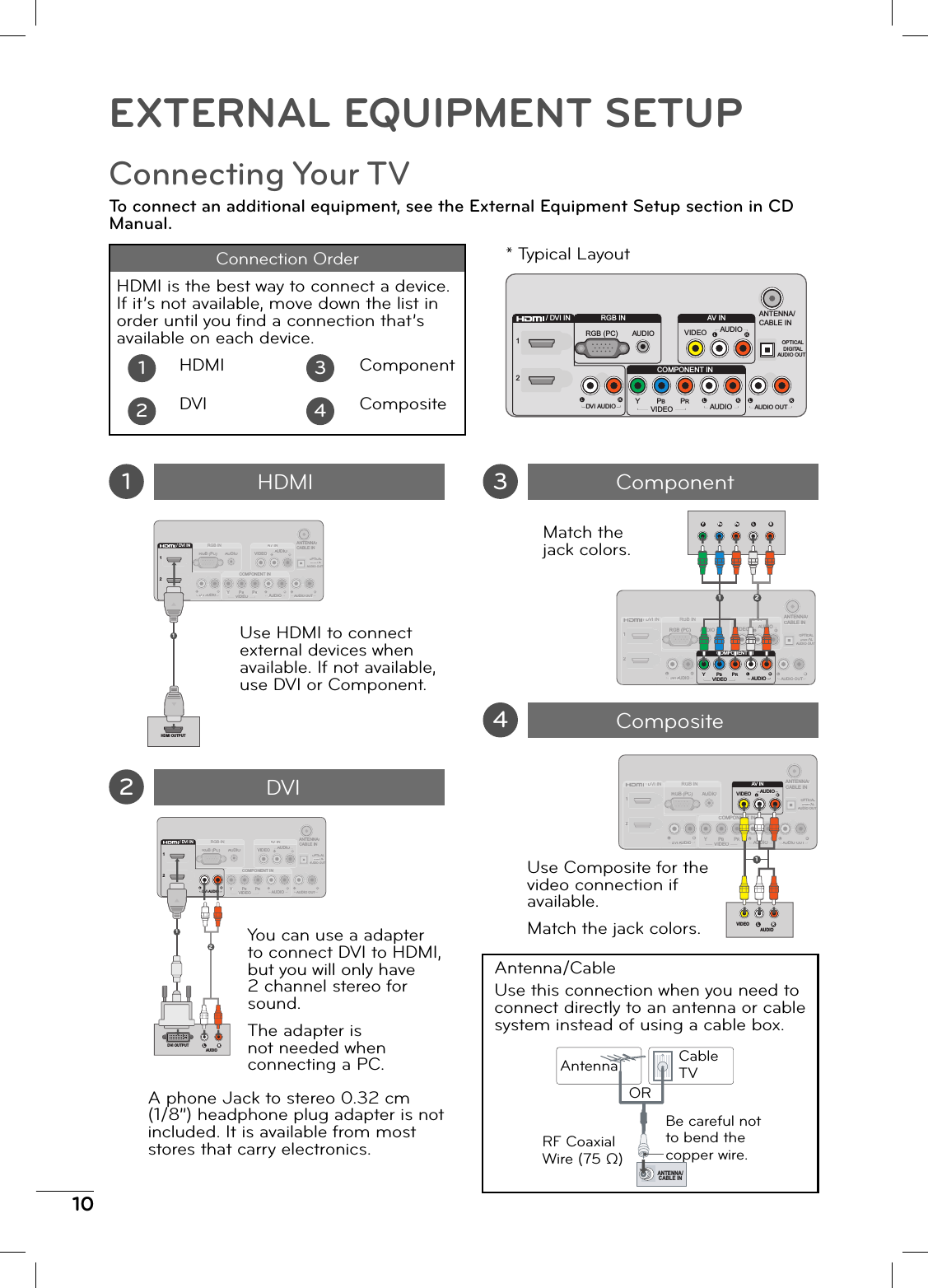 10EXTERNAL EQUIPMENT SETUPConnecting Your TVTo connect an additional equipment, see the External Equipment Setup section in CD Manual.Connection OrderHDMI is the best way to connect a device. If it’s not available, move down the list in order until you fi nd a connection that’s available on each device.HDMI ComponentDVI CompositeANTENNA/CABLE INVIDEOAV INAARGB INCOMPONENT INPRPBYOPTICALDIGITALTTAUDIO OUTAUDIOAUDIOAUDIO OUTAUDIORGB (PC)12VIDEO/ DVI INDDDVI ADDUDIOCOMPONENT INPRPBYAUDIOVIDEOY L RPBPR1 21ANTENNA/CABLE INVIDEOAV INAARGB INCOMPONENT INPRPBYOPTICALDIGITALTTAUDIO OUTAUDIOAUDIOAUDIO OUTAUDIORGB (PC)12VIDEO/ DVI INDDDVI ADDUDIO12/ DVI INHDMI OUTPUT1ANTENNA/CABLE INVIDEOAV INAARGB INCOMPONENT INPRPBYOPTICALDIGITALTTAUDIO OUTAUDIOAUDIOAUDIO OUTAUDIORGB (PC)12VIDEO/ DVI INDDDVI ADDUDIO12/ DVI INDVI AUDIO1L RDVI OUTPUTAUDIO2ANTENNA/CABLE INVIDEOAV INAARGB INCOMPONENT INPRPBYOPTICALDIGITALTTAUDIO OUTAUDIOAUDIOAUDIO OUTAUDIORGB (PC)12VIDEO/ DVI INDDDVI ADDUDIOVIDEOAV INAUDIOL RVIDEOAUDIO1Use HDMI to connect external devices when available. If not available, use DVI or Component.Match the jack colors.Use Composite for the video connection if available.Match the jack colors.Antenna/CableUse this connection when you need to connect directly to an antenna or cable system instead of using a cable box.Antenna Cable TVORBe careful not to bend the copper wire.ANTENNA/CABLE INVIDEOAV INRGB INCOMPONENT INPRPBYOPTICALDIGITALAUDIO OUTAUDIOAUDIO AUDIO OUTAUDIORGB (PC)12VIDEO/ DVI INDVI AUDIO1234HDMI2DVIYou can use a adapter to connect DVI to HDMI, but you will only have 2 channel stereo for sound.The adapter is not needed when connecting a PC.A phone Jack to stereo 0.32 cm (1/8”) headphone plug adapter is not included. It is available from most stores that carry electronics.3Component4CompositeANTENNA/CABLE IN* Typical LayoutRF Coaxial Wire (75 Ω)
