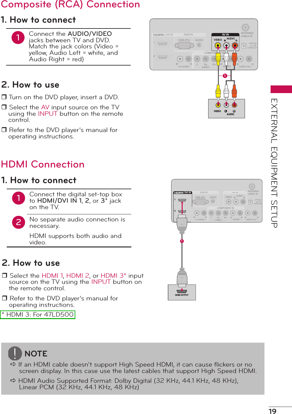 19EXTERNAL EQUIPMENT SETUPANTENNA/CABLE INVIDEOAV INAARGB INCOMPONENT INPRPBYOPTICALDIGITALTTAUDIO OUTAUDIOAUDIOAUDIO OUTAUDIORGB (PC)12VIDEO/ DVI INDDDVI ADDUDIOVIDEOAV INAUDIOL RVIDEOAUDIO1Composite (RCA) Connection1. How to connect1Connect the AUDIO/VIDEO jacks between TV and DVD. Match the jack colors (Video = yellow, Audio Left = white, and Audio Right = red)2. How to user Turn on the DVD player, insert a DVD.r Select the AV input source on the TV using the INPUT button on the remote control.r Refer to the DVD player’s manual for operating instructions.HDMI ConnectionANTENNA/CABLE INVIDEOAV INAARGB INCOMPONENT INPRPBYOPTICALDIGITALTTAUDIO OUTAUDIOAUDIOAUDIO OUTAUDIORGB (PC)12VIDEO/ DVI INDDDVI ADDUDIO12/ DV I INHDMI OUTPUT11. How to connect12Connect the digital set-top box to HDMI/DVI IN 1, 2, or 3* jack on the TV.No separate audio connection is necessary.HDMI supports both audio and video.2. How to user Select the HDMI 1, HDMI 2, or HDMI 3* input source on the TV using the INPUT button on the remote control.r Refer to the DVD player’s manual for operating instructions.* HDMI 3: For 47LD500NOTEa If an HDMI cable doesn’t support High Speed HDMI, it can cause ﬂickers or no screen display. In this case use the latest cables that support High Speed HDMI.a HDMI Audio Supported Format: Dolby Digital (32 KHz, 44.1 KHz, 48 KHz), Linear PCM (32 KHz, 44.1 KHz, 48 KHz)