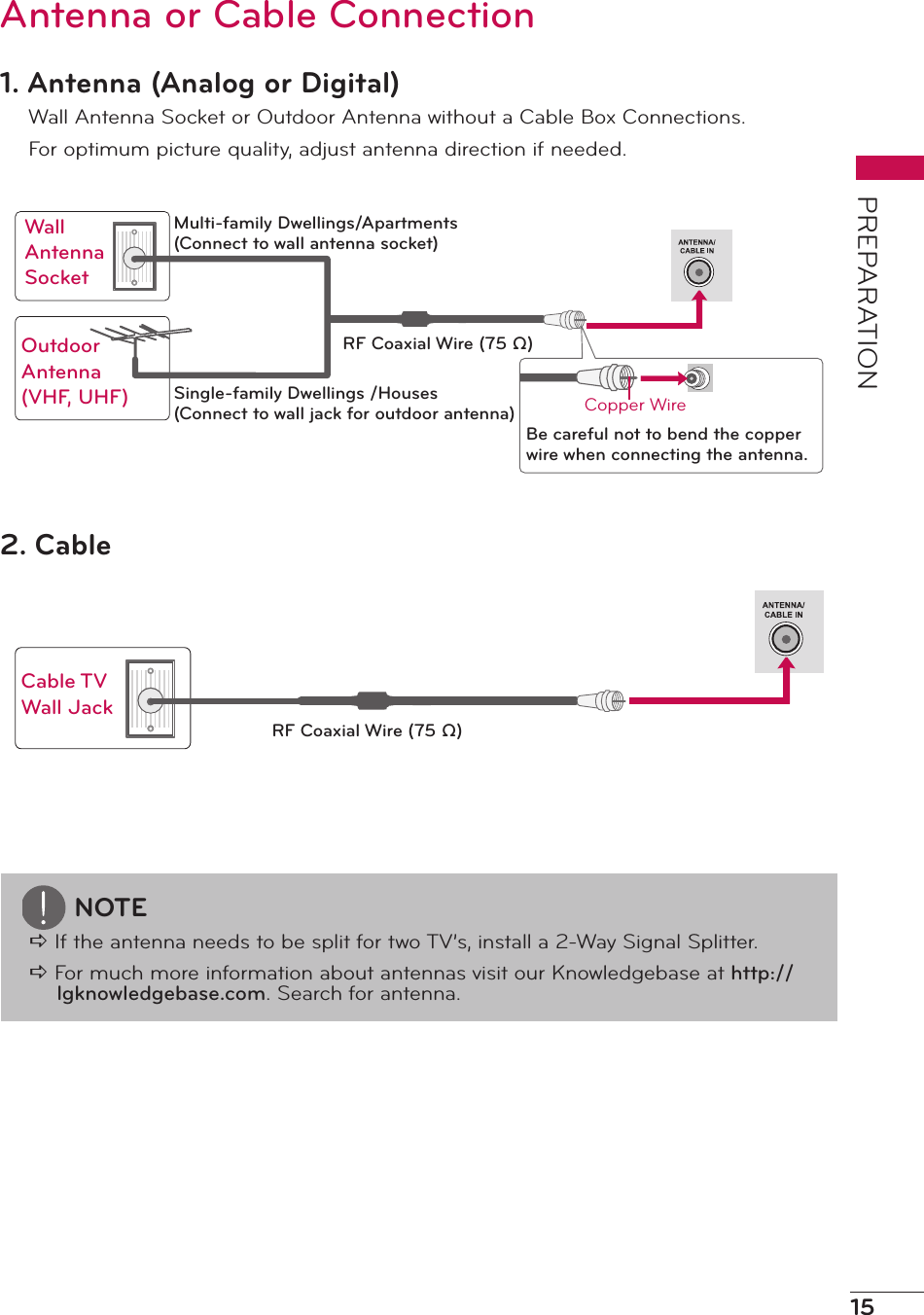15PREPARATIONAntenna or Cable Connection1. Antenna (Analog or Digital)Wall Antenna Socket or Outdoor Antenna without a Cable Box Connections.For optimum picture quality, adjust antenna direction if needed. 2. CableNOTEa If the antenna needs to be split for two TV’s, install a 2-Way Signal Splitter.a For much more information about antennas visit our Knowledgebase at http://lgknowledgebase.com. Search for antenna.Wall Antenna SocketOutdoor Antenna (VHF, UHF)Cable TV Wall JackCopper WireSingle-family Dwellings /Houses(Connect to wall jack for outdoor antenna)Multi-family Dwellings/Apartments(Connect to wall antenna socket)RF Coaxial Wire (75 Ω)RF Coaxial Wire (75 Ω)Be careful not to bend the copper wire when connecting the antenna.