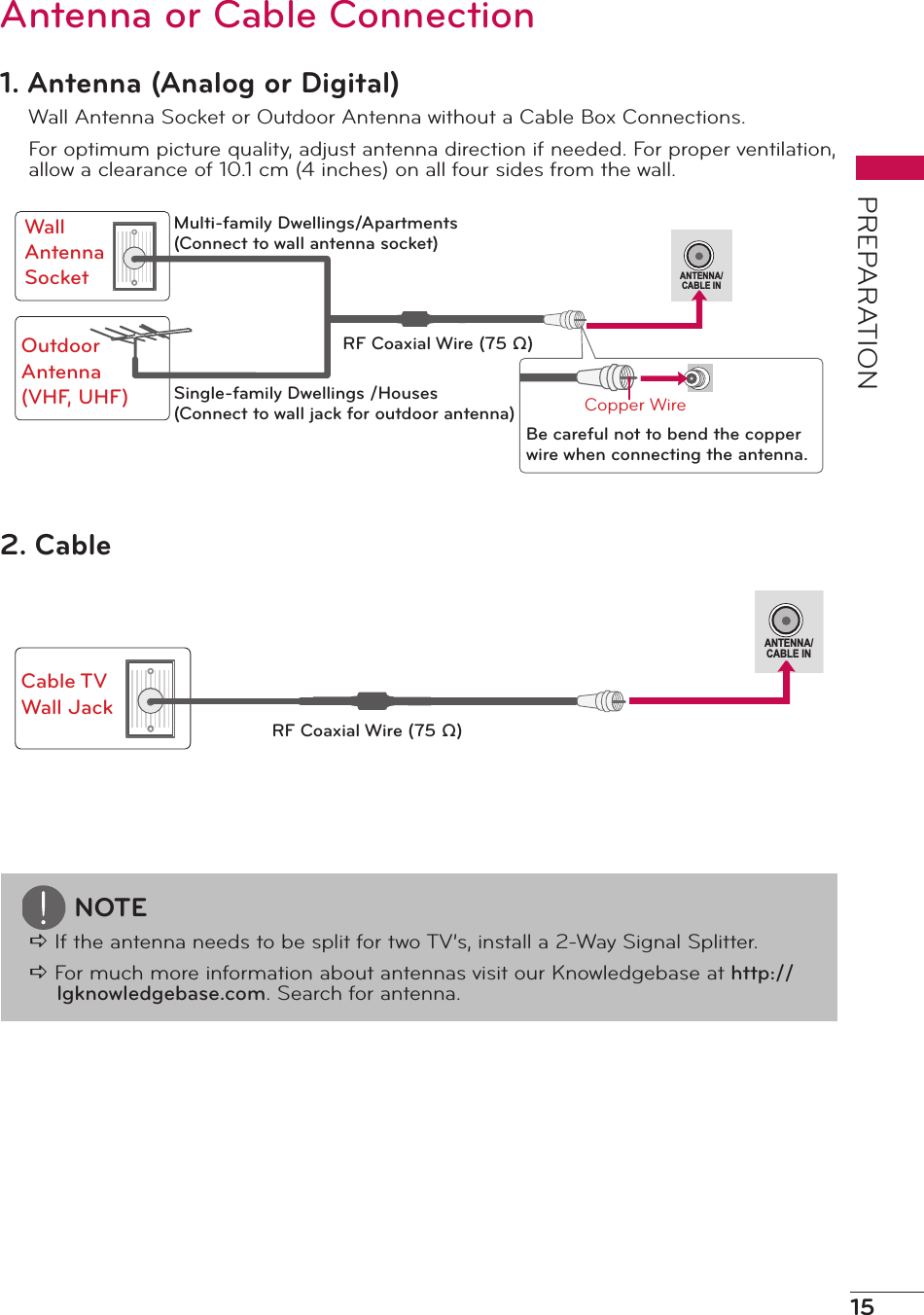 15PREPARATIONANTENNA/CABLE INAntenna or Cable Connection1. Antenna (Analog or Digital)Wall Antenna Socket or Outdoor Antenna without a Cable Box Connections.For optimum picture quality, adjust antenna direction if needed. For proper ventilation, allow a clearance of 10.1 cm (4 inches) on all four sides from the wall.ANTENNA/CABLE IN2. CableNOTEa If the antenna needs to be split for two TV’s, install a 2-Way Signal Splitter.a For much more information about antennas visit our Knowledgebase at http://lgknowledgebase.com. Search for antenna.Wall Antenna SocketOutdoor Antenna (VHF, UHF)Cable TV Wall JackCopper WireSingle-family Dwellings /Houses(Connect to wall jack for outdoor antenna)Multi-family Dwellings/Apartments(Connect to wall antenna socket)RF Coaxial Wire (75 Ω)RF Coaxial Wire (75 Ω)Be careful not to bend the copper wire when connecting the antenna.