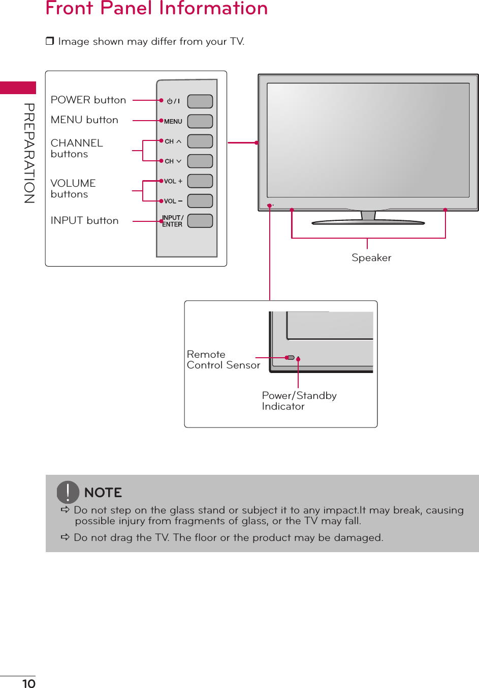 10PREPARATIONFront Panel Informationr Image shown may differ from your TV.Remote Control SensorPower/Standby IndicatorSpeakerPOWER buttonMENU buttonCHANNEL buttonsVOLUME buttonsINPUT buttonNOTEa Do not step on the glass stand or subject it to any impact.It may break, causing possible injury from fragments of glass, or the TV may fall.a Do not drag the TV. The ﬂoor or the product may be damaged.