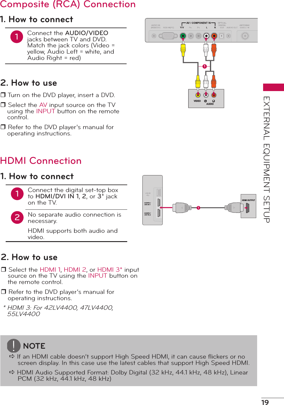 19EXTERNAL EQUIPMENT SETUPL RVIDEOAUDIO1Composite (RCA) Connection1. How to connect1Connect the AUDIO/VIDEO jacks between TV and DVD. Match the jack colors (Video = yellow, Audio Left = white, and Audio Right = red)2. How to user Turn on the DVD player, insert a DVD.r Select the AV input source on the TV using the INPUT button on the remote control.r Refer to the DVD player’s manual for operating instructions.HDMI ConnectionHDMI OUTPUT11. How to connect12Connect the digital set-top box to HDMI/DVI IN 1, 2, or 3* jack on the TV.No separate audio connection is necessary.HDMI supports both audio and video.2. How to user Select the HDMI 1, HDMI 2, or HDMI 3* input source on the TV using the INPUT button on the remote control.r Refer to the DVD player’s manual for operating instructions.* HDMI 3: For 42LV4400, 47LV4400, 55LV4400NOTEa If an HDMI cable doesn’t support High Speed HDMI, it can cause ﬂickers or no screen display. In this case use the latest cables that support High Speed HDMI.a HDMI Audio Supported Format: Dolby Digital (32 kHz, 44.1 kHz, 48 kHz), Linear PCM (32 kHz, 44.1 kHz, 48 kHz)