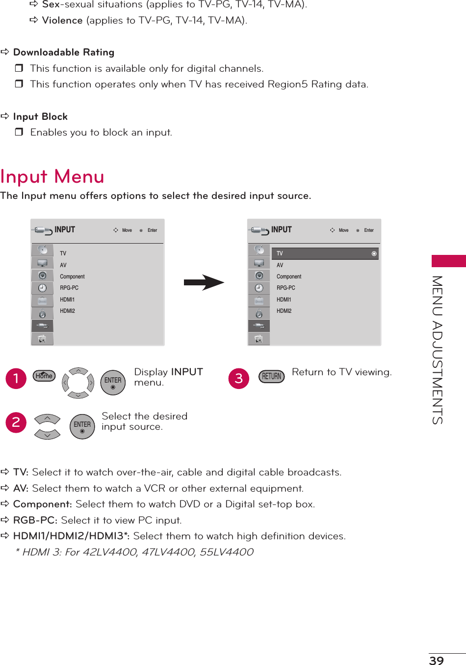 39MENU ADJUSTMENTSa Sex-sexual situations (applies to TV-PG, TV-14, TV-MA).a Violence (applies to TV-PG, TV-14, TV-MA).a Downloadable Ratingr  This function is available only for digital channels.r  This function operates only when TV has received Region5 Rating data.a Input Blockr  Enables you to block an input.Input MenuThe Input menu offers options to select the desired input source.TVAVComponentRPG-PCHDMI1HDMI2Move EnterINPUT12Display INPUT menu.Select the desired input source.ENTER3Return to TV viewing.RETURNHomeENTERa TV: Select it to watch over-the-air, cable and digital cable broadcasts.a AV: Select them to watch a VCR or other external equipment.a Component: Select them to watch DVD or a Digital set-top box.a RGB-PC: Select it to view PC input.a HDMI1/HDMI2/HDMI3*: Select them to watch high deﬁnition devices.* HDMI 3: For 42LV4400, 47LV4400, 55LV4400TVAVComponentRPG-PCHDMI1HDMI2Move EnterINPUT