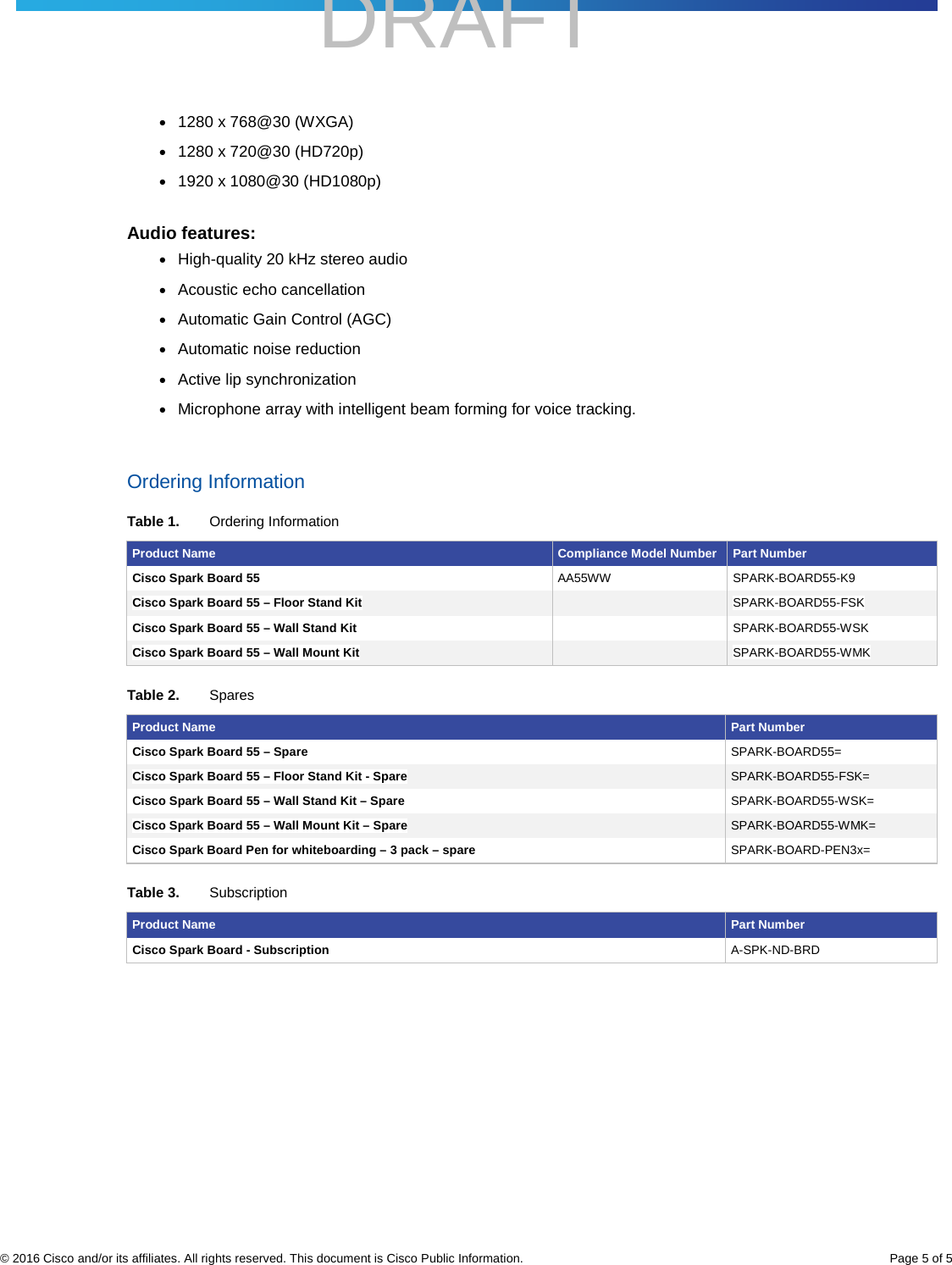    DRAFT     © 2016 Cisco and/or its affiliates. All rights reserved. This document is Cisco Public Information. Page 5 of 5 ● 1280 x 768@30 (WXGA) ● 1280 x 720@30 (HD720p) ● 1920 x 1080@30 (HD1080p) Audio features: ● High-quality 20 kHz stereo audio ● Acoustic echo cancellation ● Automatic Gain Control (AGC) ● Automatic noise reduction ● Active lip synchronization ● Microphone array with intelligent beam forming for voice tracking.  Ordering Information Table 1. Ordering Information Product Name Compliance Model Number Part Number Cisco Spark Board 55 AA55WW SPARK-BOARD55-K9 Cisco Spark Board 55 – Floor Stand Kit  SPARK-BOARD55-FSK Cisco Spark Board 55 – Wall Stand Kit  SPARK-BOARD55-WSK Cisco Spark Board 55 – Wall Mount Kit  SPARK-BOARD55-WMK Table 2. Spares Product Name Part Number Cisco Spark Board 55 – Spare SPARK-BOARD55= Cisco Spark Board 55 – Floor Stand Kit - Spare SPARK-BOARD55-FSK= Cisco Spark Board 55 – Wall Stand Kit – Spare SPARK-BOARD55-WSK= Cisco Spark Board 55 – Wall Mount Kit – Spare SPARK-BOARD55-WMK= Cisco Spark Board Pen for whiteboarding – 3 pack – spare SPARK-BOARD-PEN3x= Table 3. Subscription Product Name Part Number Cisco Spark Board - Subscription A-SPK-ND-BRD   