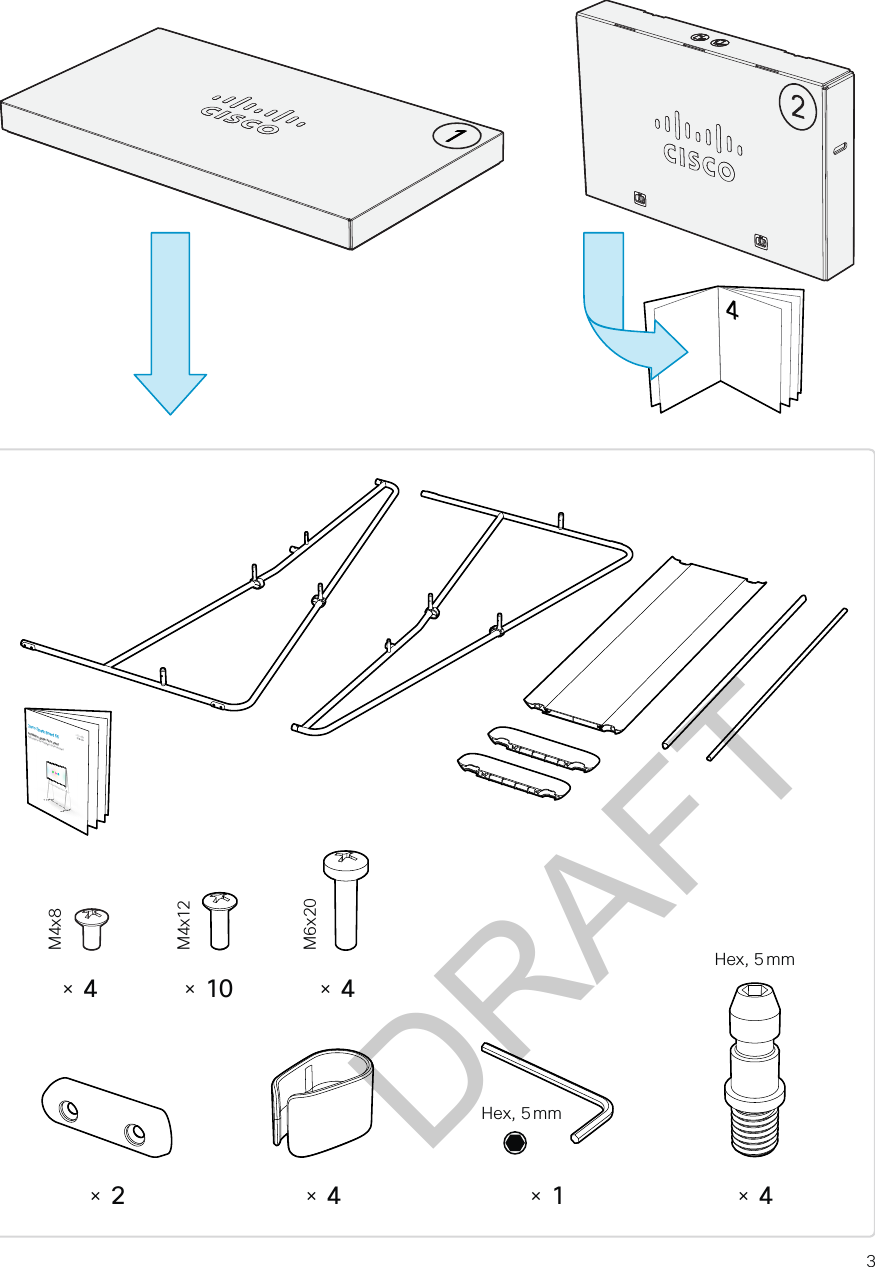 3× 4× 2× 4Hex,  5 mm× 10M4x12× 4M4x8× 4M6x20 Hex,  5 mm× 14Cisco Spark Board 55Installation guide: Floor standInstructions de montage: Socle sur piedDRAFT