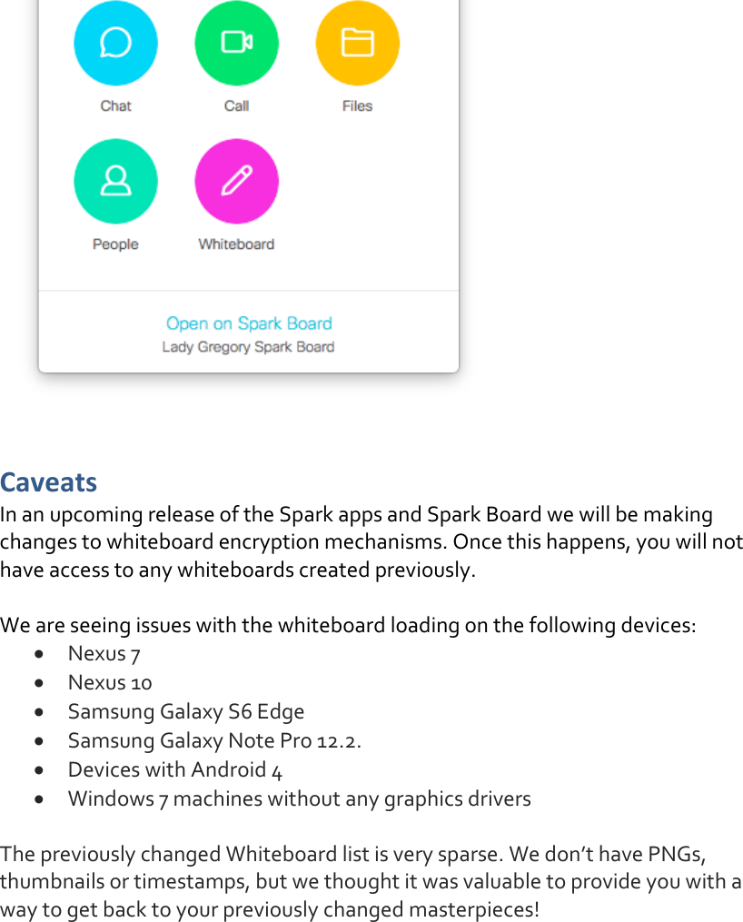  Caveats In an upcoming release of the Spark apps and Spark Board we will be making changes to whiteboard encryption mechanisms. Once this happens, you will not have access to any whiteboards created previously.   We are seeing issues with the whiteboard loading on the following devices:   Nexus 7   Nexus 10  Samsung Galaxy S6 Edge  Samsung Galaxy Note Pro 12.2.   Devices with Android 4  Windows 7 machines without any graphics drivers  The previously changed Whiteboard list is very sparse. We don’t have PNGs, thumbnails or timestamps, but we thought it was valuable to provide you with a way to get back to your previously changed masterpieces!  DRAFT