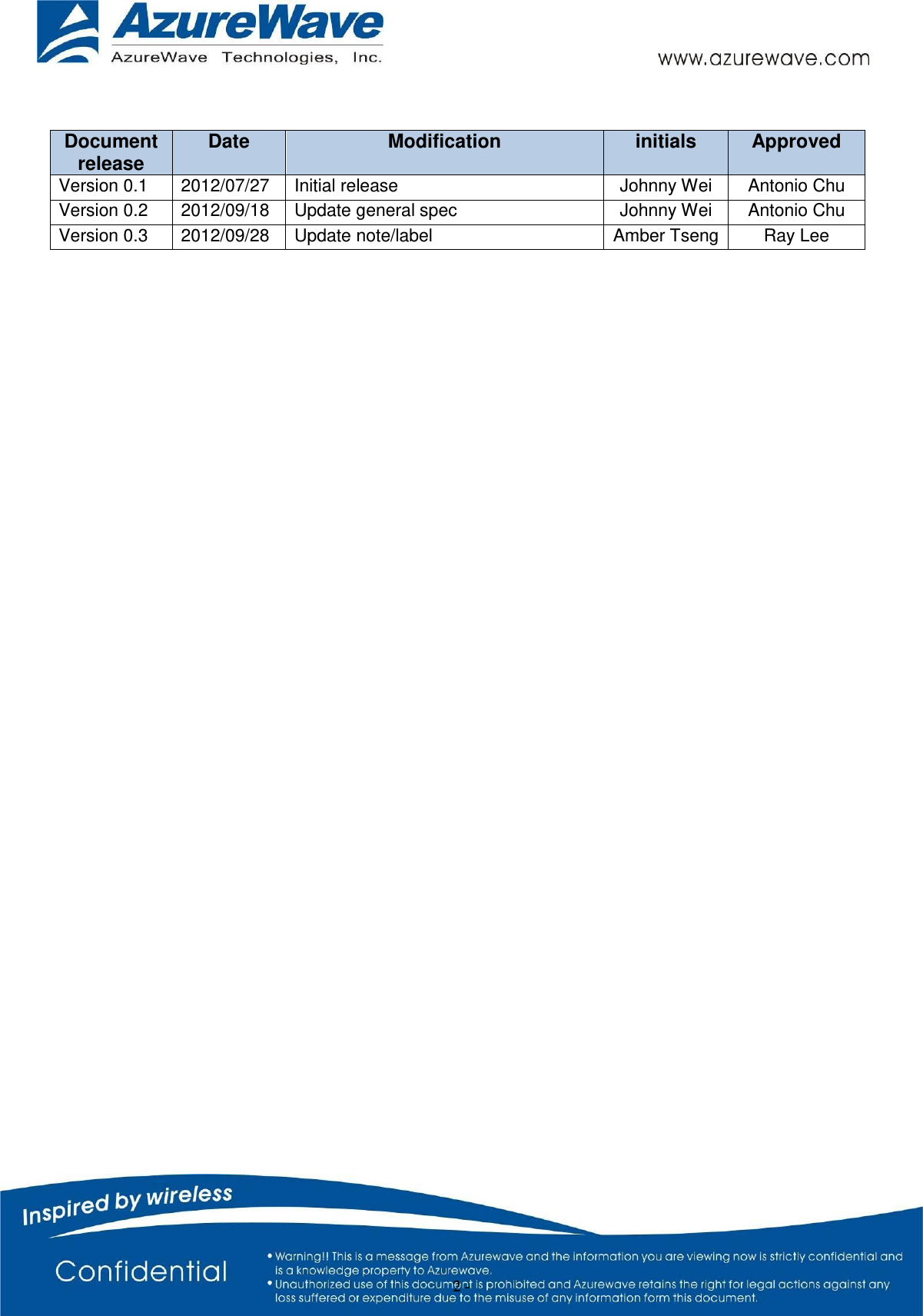    2 -     Document release Date Modification initials Approved Version 0.1 2012/07/27 Initial release Johnny Wei Antonio Chu Version 0.2 2012/09/18 Update general spec Johnny Wei Antonio Chu Version 0.3 2012/09/28 Update note/label Amber Tseng Ray Lee 