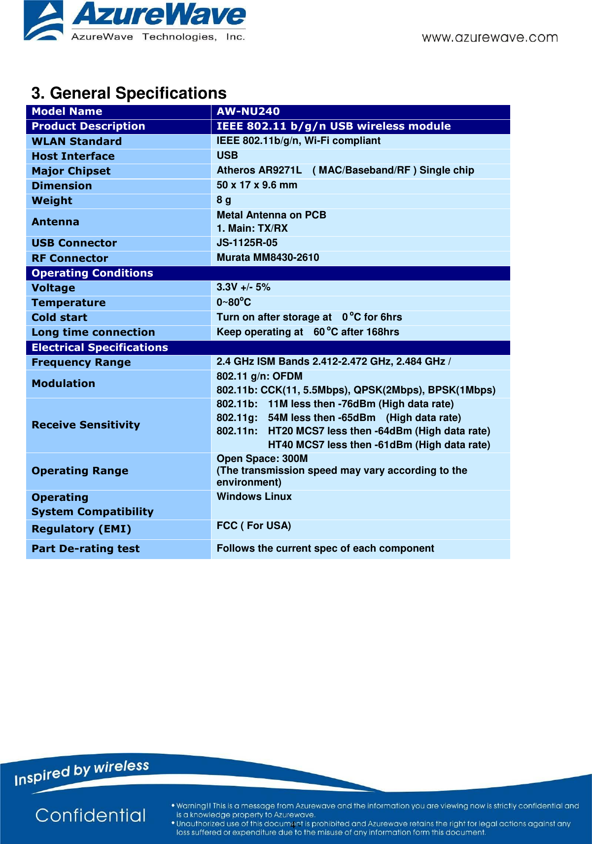    4 -   3. General Specifications Model Name AW-NU240 Product Description IEEE 802.11 b/g/n USB wireless module WLAN Standard IEEE 802.11b/g/n, Wi-Fi compliant   Host Interface USB     Major Chipset Atheros AR9271L  ( MAC/Baseband/RF ) Single chip Dimension 50 x 17 x 9.6 mm Weight 8 g Antenna Metal Antenna on PCB   1. Main: TX/RX USB Connector JS-1125R-05 RF Connector Murata MM8430-2610   Operating Conditions Voltage 3.3V +/- 5%               Temperature 0~80oC Cold start Turn on after storage at  0 oC for 6hrs Long time connection Keep operating at    60 oC after 168hrs Electrical Specifications Frequency Range 2.4 GHz ISM Bands 2.412-2.472 GHz, 2.484 GHz / Modulation 802.11 g/n: OFDM 802.11b: CCK(11, 5.5Mbps), QPSK(2Mbps), BPSK(1Mbps) Receive Sensitivity 802.11b:    11M less then -76dBm (High data rate) 802.11g:    54M less then -65dBm    (High data rate) 802.11n:    HT20 MCS7 less then -64dBm (High data rate) HT40 MCS7 less then -61dBm (High data rate) Operating Range Open Space: 300M (The transmission speed may vary according to the environment) Operating   System Compatibility Windows Linux Regulatory (EMI) FCC ( For USA) Part De-rating test Follows the current spec of each component   