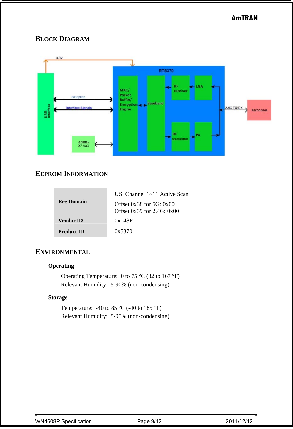 AmTRAN  WN4608R Specification                 Page 9/12                         2011/12/12   BLOCK DIAGRAM    EEPROM INFORMATION  US: Channel 1~11 Active Scan Reg Domain  Offset 0x38 for 5G: 0x00 Offset 0x39 for 2.4G: 0x00 Vendor ID  0x148F Product ID  0x5370  ENVIRONMENTAL Operating Operating Temperature:   0 to 75 °C (32 to 167 °F) Relevant Humidity:  5-90% (non-condensing) Storage Temperature:   -40 to 85 °C (-40 to 185 °F) Relevant Humidity:  5-95% (non-condensing) 