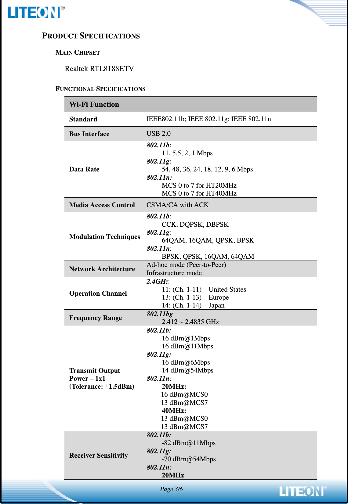            Page 3/6  PRODUCT SPECIFICATIONS MAIN CHIPSET Realtek RTL8188ETV FUNCTIONAL SPECIFICATIONS Wi-Fi Function Standard IEEE802.11b; IEEE 802.11g; IEEE 802.11n Bus Interface USB 2.0 Data Rate 802.11b: 11, 5.5, 2, 1 Mbps 802.11g: 54, 48, 36, 24, 18, 12, 9, 6 Mbps 802.11n: MCS 0 to 7 for HT20MHz MCS 0 to 7 for HT40MHz Media Access Control CSMA/CA with ACK Modulation Techniques 802.11b: CCK, DQPSK, DBPSK 802.11g: 64QAM, 16QAM, QPSK, BPSK 802.11n: BPSK, QPSK, 16QAM, 64QAM Network Architecture Ad-hoc mode (Peer-to-Peer) Infrastructure mode Operation Channel 2.4GHz 11: (Ch. 1-11) – United States 13: (Ch. 1-13) – Europe 14: (Ch. 1-14) – Japan Frequency Range 802.11bg 2.412 ~ 2.4835 GHz Transmit Output Power – 1x1 (Tolerance: ±1.5dBm) 802.11b: 16 dBm@1Mbps 16 dBm@11Mbps 802.11g: 16 dBm@6Mbps 14 dBm@54Mbps 802.11n:   20MHz:   16 dBm@MCS0 13 dBm@MCS7 40MHz: 13 dBm@MCS0 13 dBm@MCS7 Receiver Sensitivity 802.11b: -82 dBm@11Mbps 802.11g: -70 dBm@54Mbps 802.11n: 20MHz   