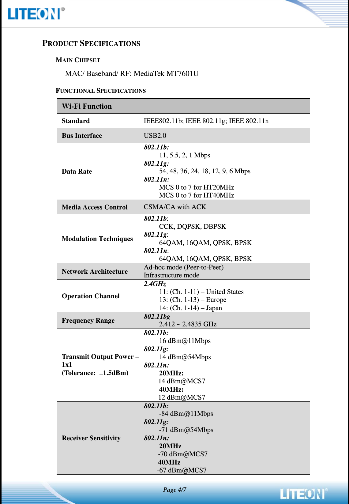   Page 4/7   PRODUCT SPECIFICATIONS MAIN CHIPSET MAC/ Baseband/ RF: MediaTek MT7601U FUNCTIONAL SPECIFICATIONS Wi-Fi Function Standard IEEE802.11b; IEEE 802.11g; IEEE 802.11n Bus Interface USB2.0 Data Rate 802.11b: 11, 5.5, 2, 1 Mbps 802.11g: 54, 48, 36, 24, 18, 12, 9, 6 Mbps 802.11n: MCS 0 to 7 for HT20MHz MCS 0 to 7 for HT40MHz Media Access Control CSMA/CA with ACK Modulation Techniques 802.11b: CCK, DQPSK, DBPSK 802.11g: 64QAM, 16QAM, QPSK, BPSK 802.11n: 64QAM, 16QAM, QPSK, BPSK Network Architecture Ad-hoc mode (Peer-to-Peer) Infrastructure mode Operation Channel 2.4GHz 11: (Ch. 1-11) – United States 13: (Ch. 1-13) – Europe 14: (Ch. 1-14) – Japan Frequency Range 802.11bg 2.412 ~ 2.4835 GHz Transmit Output Power – 1x1 (Tolerance:  ±1.5dBm) 802.11b: 16 dBm@11Mbps 802.11g: 14 dBm@54Mbps 802.11n:   20MHz:   14 dBm@MCS7 40MHz: 12 dBm@MCS7 Receiver Sensitivity 802.11b: -84 dBm@11Mbps 802.11g: -71 dBm@54Mbps 802.11n: 20MHz   -70 dBm@MCS7 40MHz -67 dBm@MCS7 