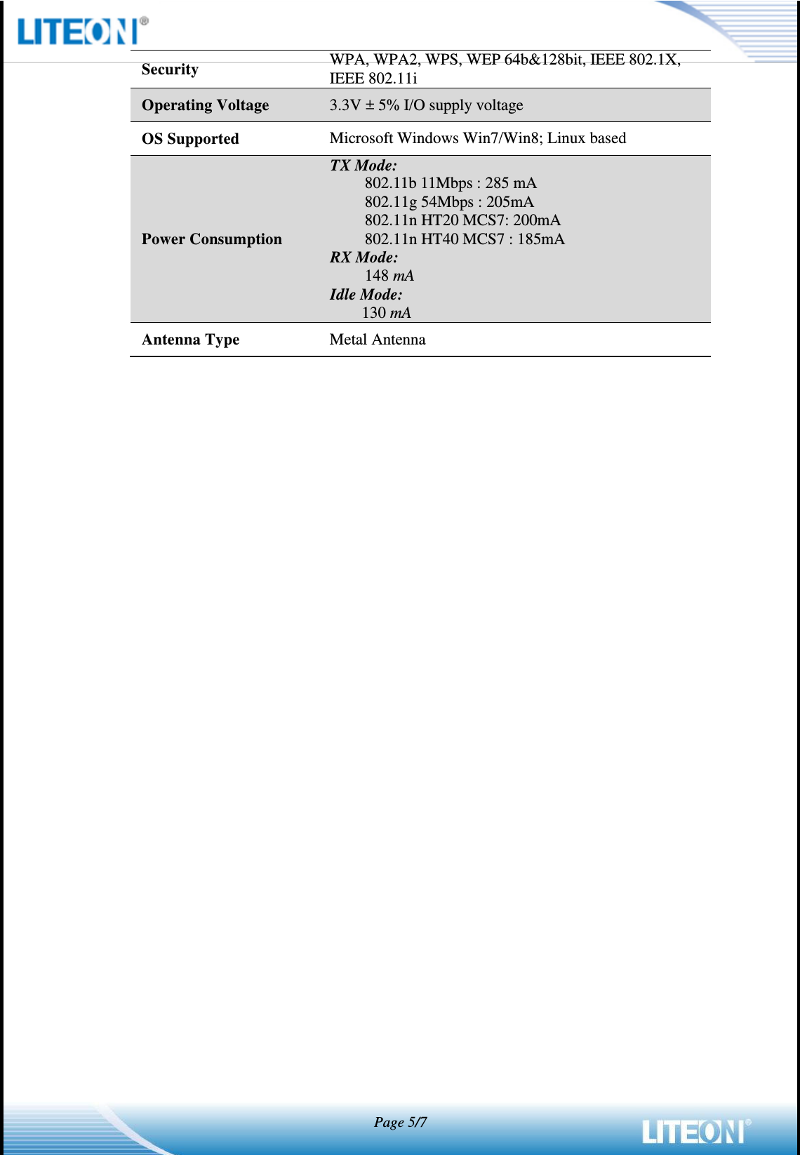   Page 5/7  Security WPA, WPA2, WPS, WEP 64b&amp;128bit, IEEE 802.1X, IEEE 802.11i Operating Voltage 3.3V ± 5% I/O supply voltage OS Supported Microsoft Windows Win7/Win8; Linux based Power Consumption TX Mode: 802.11b 11Mbps : 285 mA 802.11g 54Mbps : 205mA 802.11n HT20 MCS7: 200mA 802.11n HT40 MCS7 : 185mA RX Mode: 148 mA Idle Mode: 130 mA Antenna Type Metal Antenna  