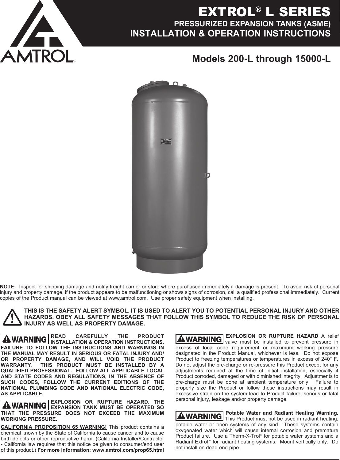 Page 1 of 4 - Amtrol Amtrol-Amtrol-Marine-Sanitation-System-Extrol-L-Series-Pressurized-Expansion-Tank-Users-Manual-  Amtrol-amtrol-marine-sanitation-system-extrol-l-series-pressurized-expansion-tank-users-manual