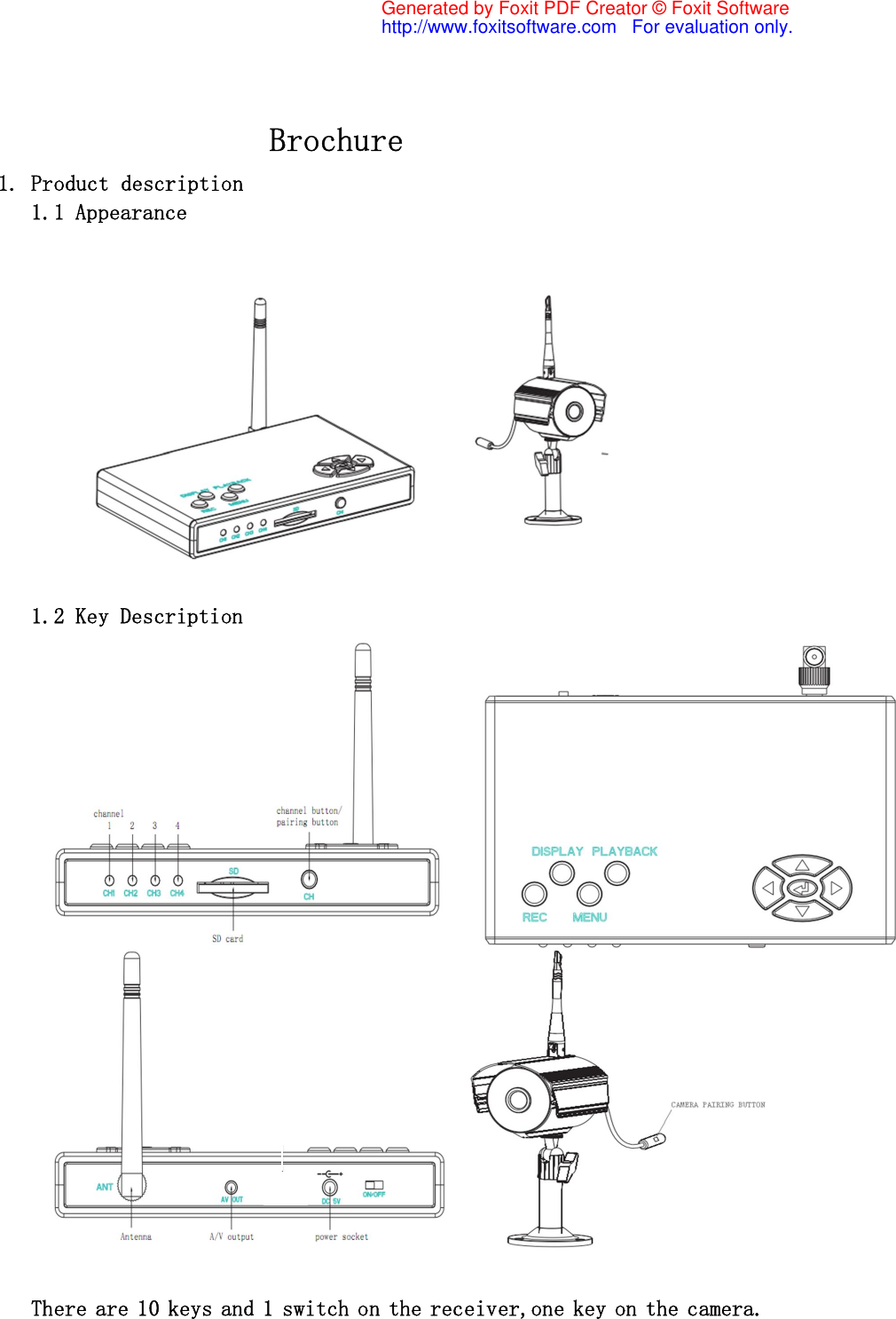                                Brochure 1. Product description   1.1 Appearance   1.2 Key Description                        There are 10 keys and 1 switch on the receiver,one key on the camera.   Generated by Foxit PDF Creator © Foxit Softwarehttp://www.foxitsoftware.com   For evaluation only.