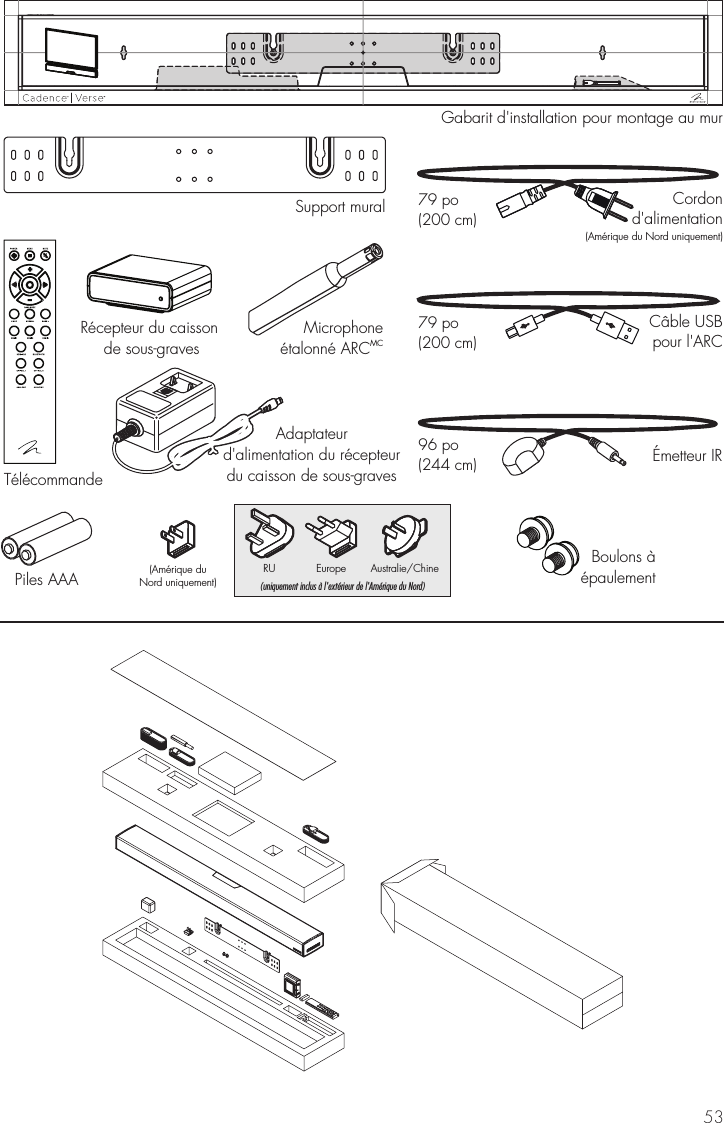53Support muralGabarit d'installation pour montage au murT&eacute;l&eacute;commandeR&eacute;cepteur du caissonde sous-gravesMicrophone&eacute;talonn&eacute; ARCMCCordond'alimentation(Am&eacute;rique du Nord uniquement)79 po(200 cm)C&acirc;ble USBpour l'ARC79 po(200 cm)&Eacute;metteur IR96 po(244 cm)Adaptateurd'alimentation du r&eacute;cepteurdu caisson de sous-graves(Am&eacute;rique duNord uniquement)RU Europe Australie/Chine(uniquement inclus &agrave; l'ext&eacute;rieur de l'Am&eacute;rique du Nord)Boulons &agrave;&eacute;paulementPiles AAA