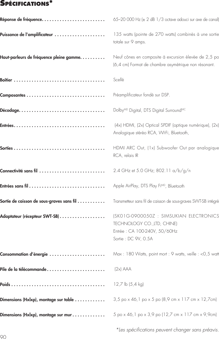 90sP&eacute;cIfIcatIons**Les sp&eacute;cifications peuvent changer sans pr&eacute;avis.R&eacute;ponse de fr&eacute;quence.........................Puissance de l&rsquo;amplificateur ....................Haut-parleurs de fr&eacute;quence pleine gamme..........Bo&icirc;tier ....................................Composantes ...............................D&eacute;codage..................................Entr&eacute;es....................................Sorties ....................................Connectivit&eacute; sans fil ..........................Entr&eacute;es sans fil ..............................Sortie de caisson de sous-graves sans fil ...........Adaptateur (r&eacute;cepteur SWT-SB) ..................Consommation d&rsquo;&eacute;nergie  ......................Pile de la t&eacute;l&eacute;commande .......................Poids .....................................Dimensions (Hxlxp), montage sur table ............ Dimensions (Hxlxp), montage sur mur .............65&ndash;20 000 Hz (&plusmn; 2 dB 1/3 octave adouci sur axe de canal) 135 watts (pointe de 270 watts) combin&eacute;s &agrave; une sortie totale sur 9 amps. Neuf c&ocirc;nes en composite &agrave; excursion &eacute;lev&eacute;e de 2,5 po (6,4 cm) Format de chambre asym&eacute;trique non r&eacute;sonant.  Scell&eacute; Pr&eacute;amplificateur fond&eacute; sur DSP. DolbyMD Digital, DTS Digital SurroundMC  (4x) HDMI, (2x) Optical SPDIF (optique num&eacute;rique), (2x) Analogique st&eacute;r&eacute;o RCA, WI-Fi, Bluetooth, HDMI ARC Out, (1x) Subwoofer Out par analogique RCA, relais IR  2.4 GHz et 5.0 GHz; 802.11 a/b/g/n Apple AirPlay, DTS Play FiMD, Bluetooth Transmetteur sans fil de caisson de sous-graves SWT-SB int&eacute;gr&eacute; (SK01G-0900050Z : SIMSUKIAN ELECTRONICS TECHNOLOGY CO.,LTD, CHINE)Entr&eacute;e : CA 100-240V, 50/60HzSortie : DC 9V, 0.5A Max : 180 Watts, point mort : 9 watts, veille : <0,5 watt  (2x) AAA 12,7 lb (5,4 kg) 3,5 po x 46,1 po x 5 po (8,9 cm x 117 cm x 12,7cm) 5 po x 46,1 po x 3,9 po (12,7 cm x 117 cm x 9,9cm)