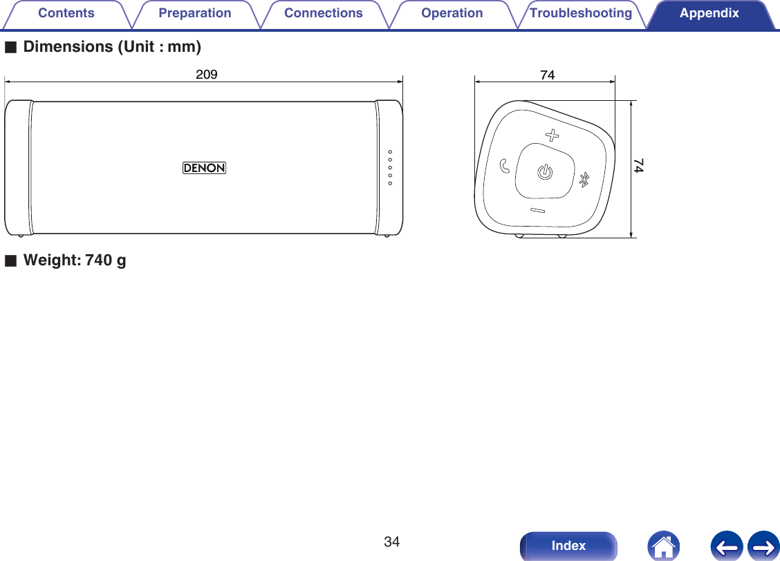 oDimensions (Unit : mm).7474209oWeight: 740 gContents Preparation Connections Operation Troubleshooting Appendix34 Index