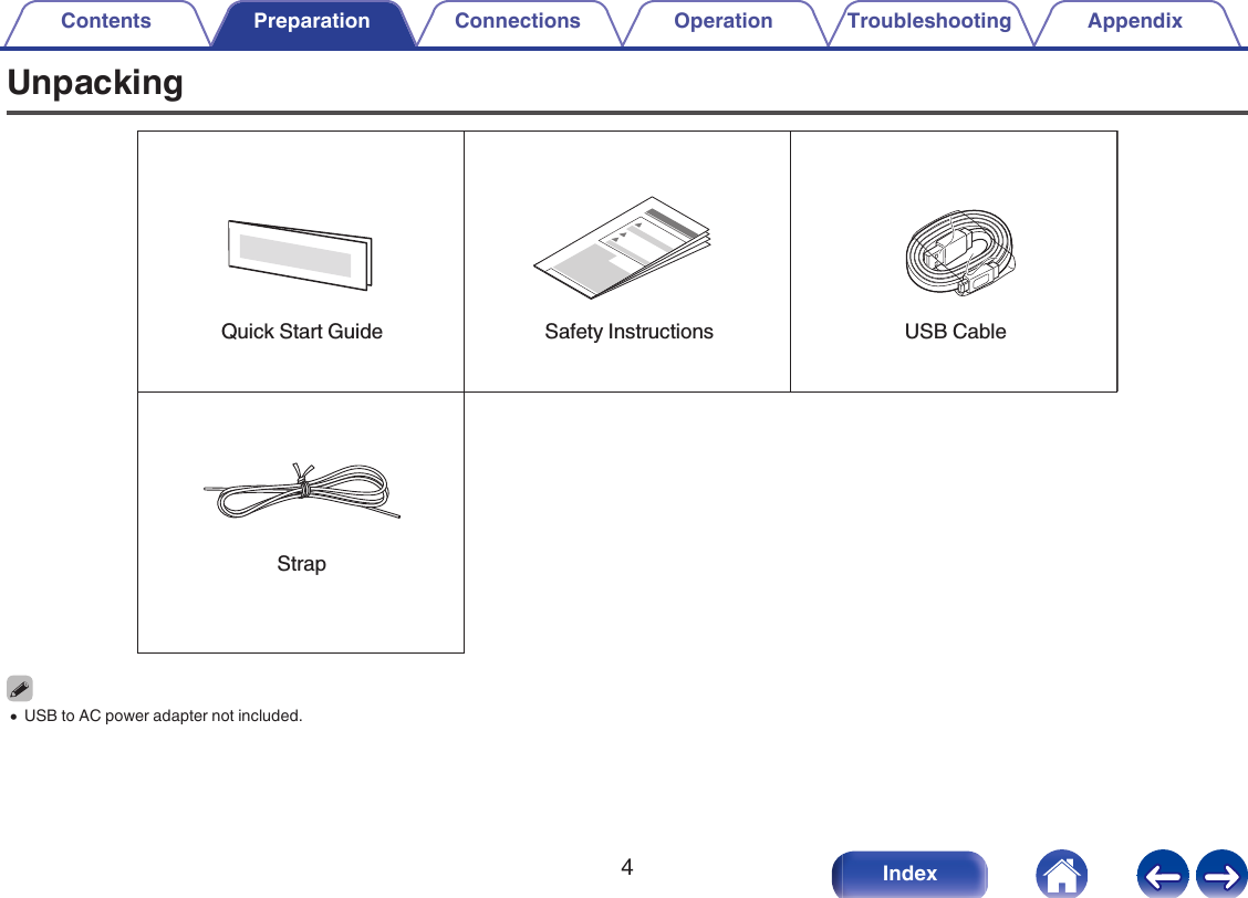 Unpacking.Safety InstructionsQuick Start GuideStrapUSB Cable0USB to AC power adapter not included.Contents Preparation Connections Operation Troubleshooting Appendix4Index