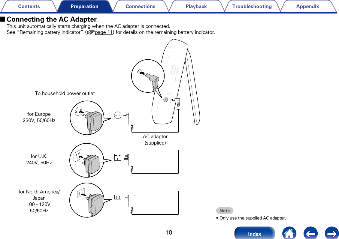 10AppendixTroubleshootingPlaybackConnectionsContentsIndexPreparation 2Connecting the AC AdapterThis unit automatically starts charging when the AC adapter is connected.See &ldquo;Remaining battery indicator&rdquo; (vpage11) for details on the remaining battery indicator. for U.K.240V, 50Hzfor North America/Japan100 - 120V, 50/60Hzfor Europe230V, 50/60HzAC adapter (supplied)Note&bull;Only use the supplied AC adapter. To household power outlet