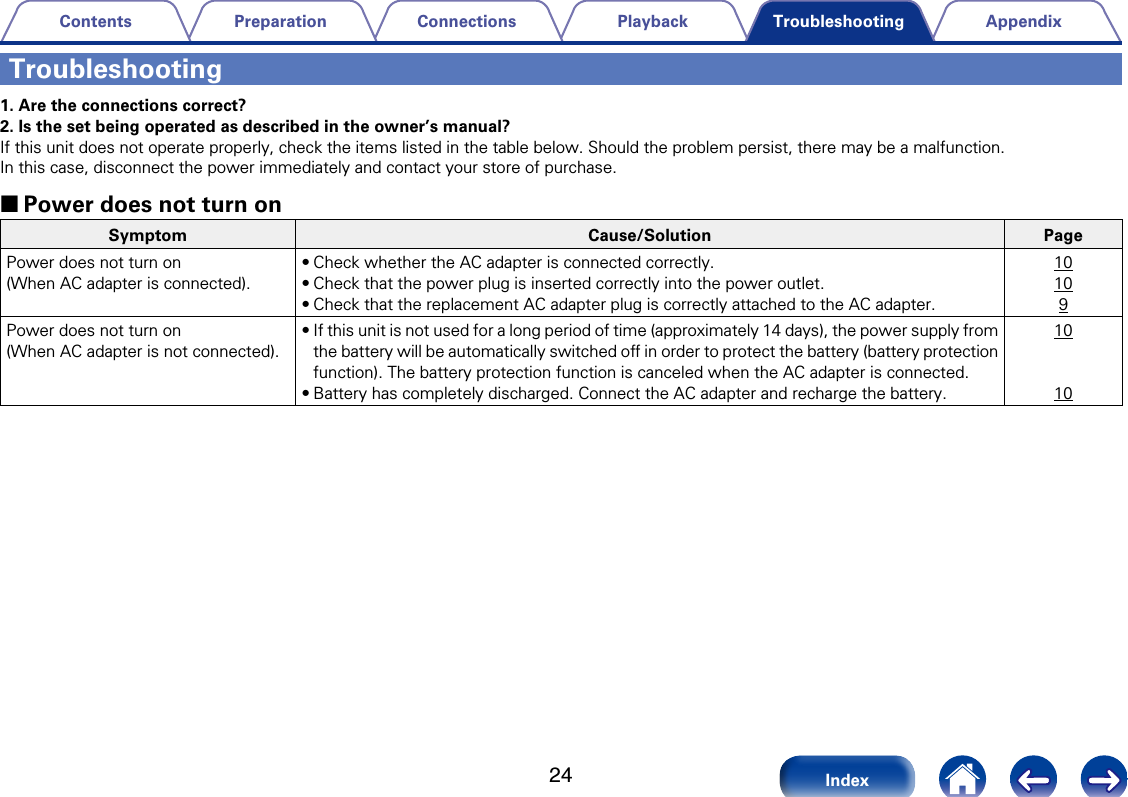 24AppendixPlaybackConnectionsPreparationContentsIndexTroubleshootingTroubleshooting1. Are the connections correct?2. Is the set being operated as described in the owner&rsquo;s manual?If this unit does not operate properly, check the items listed in the table below. Should the problem persist, there may be a malfunction.In this case, disconnect the power immediately and contact your store of purchase. 2Power does not turn onSymptom Cause/Solution PagePower does not turn on(When AC adapter is connected).&bull;Check whether the AC adapter is connected correctly.&bull;Check that the power plug is inserted correctly into the power outlet.&bull;Check that the replacement AC adapter plug is correctly attached to the AC adapter.10109Power does not turn on(When AC adapter is not connected).&bull;If this unit is not used for a long period of time (approximately 14 days), the power supply from the battery will be automatically switched o in order to protect the battery (battery protection function). The battery protection function is canceled when the AC adapter is connected. &bull;Battery has completely discharged. Connect the AC adapter and recharge the battery.1010