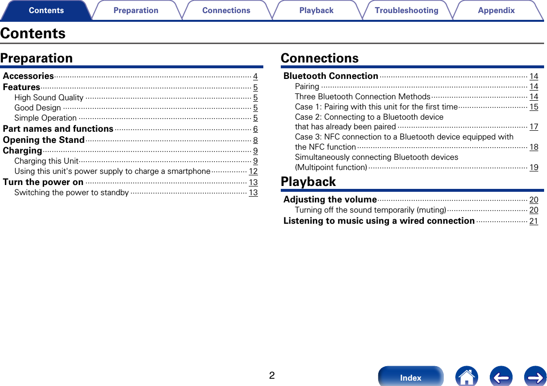 2AppendixTroubleshootingPlaybackConnectionsPreparationIndexContentsContentsPreparationAccessories &middot;&middot;&middot;&middot;&middot;&middot;&middot;&middot;&middot;&middot;&middot;&middot;&middot;&middot;&middot;&middot;&middot;&middot;&middot;&middot;&middot;&middot;&middot;&middot;&middot;&middot;&middot;&middot;&middot;&middot;&middot;&middot;&middot;&middot;&middot;&middot;&middot;&middot;&middot;&middot;&middot;&middot;&middot;&middot;&middot;&middot;&middot;&middot;&middot;&middot;&middot;&middot;&middot;&middot;&middot;&middot;&middot;&middot;&middot;&middot;&middot;&middot;&middot;&middot;&middot;&middot;&middot;&middot;&middot;&middot;&middot;&middot;&middot;&middot;&middot;&middot;&middot;&middot;&middot;&middot;&middot;&middot;&middot;&middot;&middot;&middot;&middot;&middot; 4Features &middot;&middot;&middot;&middot;&middot;&middot;&middot;&middot;&middot;&middot;&middot;&middot;&middot;&middot;&middot;&middot;&middot;&middot;&middot;&middot;&middot;&middot;&middot;&middot;&middot;&middot;&middot;&middot;&middot;&middot;&middot;&middot;&middot;&middot;&middot;&middot;&middot;&middot;&middot;&middot;&middot;&middot;&middot;&middot;&middot;&middot;&middot;&middot;&middot;&middot;&middot;&middot;&middot;&middot;&middot;&middot;&middot;&middot;&middot;&middot;&middot;&middot;&middot;&middot;&middot;&middot;&middot;&middot;&middot;&middot;&middot;&middot;&middot;&middot;&middot;&middot;&middot;&middot;&middot;&middot;&middot;&middot;&middot;&middot;&middot;&middot;&middot;&middot;&middot;&middot;&middot;&middot;&middot;&middot; 5High Sound Quality &middot;&middot;&middot;&middot;&middot;&middot;&middot;&middot;&middot;&middot;&middot;&middot;&middot;&middot;&middot;&middot;&middot;&middot;&middot;&middot;&middot;&middot;&middot;&middot;&middot;&middot;&middot;&middot;&middot;&middot;&middot;&middot;&middot;&middot;&middot;&middot;&middot;&middot;&middot;&middot;&middot;&middot;&middot;&middot;&middot;&middot;&middot;&middot;&middot;&middot;&middot;&middot;&middot;&middot;&middot;&middot;&middot;&middot;&middot;&middot;&middot;&middot;&middot;&middot;&middot;&middot;&middot;&middot;&middot;&middot;&middot;&middot;&middot;&middot; 5Good Design &middot;&middot;&middot;&middot;&middot;&middot;&middot;&middot;&middot;&middot;&middot;&middot;&middot;&middot;&middot;&middot;&middot;&middot;&middot;&middot;&middot;&middot;&middot;&middot;&middot;&middot;&middot;&middot;&middot;&middot;&middot;&middot;&middot;&middot;&middot;&middot;&middot;&middot;&middot;&middot;&middot;&middot;&middot;&middot;&middot;&middot;&middot;&middot;&middot;&middot;&middot;&middot;&middot;&middot;&middot;&middot;&middot;&middot;&middot;&middot;&middot;&middot;&middot;&middot;&middot;&middot;&middot;&middot;&middot;&middot;&middot;&middot;&middot;&middot;&middot;&middot;&middot;&middot;&middot;&middot;&middot;&middot;&middot;&middot; 5Simple Operation &middot;&middot;&middot;&middot;&middot;&middot;&middot;&middot;&middot;&middot;&middot;&middot;&middot;&middot;&middot;&middot;&middot;&middot;&middot;&middot;&middot;&middot;&middot;&middot;&middot;&middot;&middot;&middot;&middot;&middot;&middot;&middot;&middot;&middot;&middot;&middot;&middot;&middot;&middot;&middot;&middot;&middot;&middot;&middot;&middot;&middot;&middot;&middot;&middot;&middot;&middot;&middot;&middot;&middot;&middot;&middot;&middot;&middot;&middot;&middot;&middot;&middot;&middot;&middot;&middot;&middot;&middot;&middot;&middot;&middot;&middot;&middot;&middot;&middot;&middot;&middot;&middot; 5Part names and functions &middot;&middot;&middot;&middot;&middot;&middot;&middot;&middot;&middot;&middot;&middot;&middot;&middot;&middot;&middot;&middot;&middot;&middot;&middot;&middot;&middot;&middot;&middot;&middot;&middot;&middot;&middot;&middot;&middot;&middot;&middot;&middot;&middot;&middot;&middot;&middot;&middot;&middot;&middot;&middot;&middot;&middot;&middot;&middot;&middot;&middot;&middot;&middot;&middot;&middot;&middot;&middot;&middot;&middot;&middot;&middot;&middot;&middot;&middot;&middot;&middot; 6Opening the Stand &middot;&middot;&middot;&middot;&middot;&middot;&middot;&middot;&middot;&middot;&middot;&middot;&middot;&middot;&middot;&middot;&middot;&middot;&middot;&middot;&middot;&middot;&middot;&middot;&middot;&middot;&middot;&middot;&middot;&middot;&middot;&middot;&middot;&middot;&middot;&middot;&middot;&middot;&middot;&middot;&middot;&middot;&middot;&middot;&middot;&middot;&middot;&middot;&middot;&middot;&middot;&middot;&middot;&middot;&middot;&middot;&middot;&middot;&middot;&middot;&middot;&middot;&middot;&middot;&middot;&middot;&middot;&middot;&middot;&middot;&middot;&middot;&middot;&middot; 8Charging &middot;&middot;&middot;&middot;&middot;&middot;&middot;&middot;&middot;&middot;&middot;&middot;&middot;&middot;&middot;&middot;&middot;&middot;&middot;&middot;&middot;&middot;&middot;&middot;&middot;&middot;&middot;&middot;&middot;&middot;&middot;&middot;&middot;&middot;&middot;&middot;&middot;&middot;&middot;&middot;&middot;&middot;&middot;&middot;&middot;&middot;&middot;&middot;&middot;&middot;&middot;&middot;&middot;&middot;&middot;&middot;&middot;&middot;&middot;&middot;&middot;&middot;&middot;&middot;&middot;&middot;&middot;&middot;&middot;&middot;&middot;&middot;&middot;&middot;&middot;&middot;&middot;&middot;&middot;&middot;&middot;&middot;&middot;&middot;&middot;&middot;&middot;&middot;&middot;&middot;&middot;&middot;&middot; 9Charging this Unit &middot;&middot;&middot;&middot;&middot;&middot;&middot;&middot;&middot;&middot;&middot;&middot;&middot;&middot;&middot;&middot;&middot;&middot;&middot;&middot;&middot;&middot;&middot;&middot;&middot;&middot;&middot;&middot;&middot;&middot;&middot;&middot;&middot;&middot;&middot;&middot;&middot;&middot;&middot;&middot;&middot;&middot;&middot;&middot;&middot;&middot;&middot;&middot;&middot;&middot;&middot;&middot;&middot;&middot;&middot;&middot;&middot;&middot;&middot;&middot;&middot;&middot;&middot;&middot;&middot;&middot;&middot;&middot;&middot;&middot;&middot;&middot;&middot;&middot;&middot;&middot;&middot; 9Using this unit's power supply to charge a smartphone &middot;&middot;&middot;&middot;&middot;&middot;&middot;&middot;&middot;&middot;&middot;&middot;&middot;&middot;&middot;&middot; 12Turn the power on &middot;&middot;&middot;&middot;&middot;&middot;&middot;&middot;&middot;&middot;&middot;&middot;&middot;&middot;&middot;&middot;&middot;&middot;&middot;&middot;&middot;&middot;&middot;&middot;&middot;&middot;&middot;&middot;&middot;&middot;&middot;&middot;&middot;&middot;&middot;&middot;&middot;&middot;&middot;&middot;&middot;&middot;&middot;&middot;&middot;&middot;&middot;&middot;&middot;&middot;&middot;&middot;&middot;&middot;&middot;&middot;&middot;&middot;&middot;&middot;&middot;&middot;&middot;&middot;&middot;&middot;&middot;&middot;&middot;&middot;&middot;&middot; 13Switching the power to standby &middot;&middot;&middot;&middot;&middot;&middot;&middot;&middot;&middot;&middot;&middot;&middot;&middot;&middot;&middot;&middot;&middot;&middot;&middot;&middot;&middot;&middot;&middot;&middot;&middot;&middot;&middot;&middot;&middot;&middot;&middot;&middot;&middot;&middot;&middot;&middot;&middot;&middot;&middot;&middot;&middot;&middot;&middot;&middot;&middot;&middot;&middot;&middot;&middot;&middot;&middot;&middot; 13ConnectionsBluetooth Connection &middot;&middot;&middot;&middot;&middot;&middot;&middot;&middot;&middot;&middot;&middot;&middot;&middot;&middot;&middot;&middot;&middot;&middot;&middot;&middot;&middot;&middot;&middot;&middot;&middot;&middot;&middot;&middot;&middot;&middot;&middot;&middot;&middot;&middot;&middot;&middot;&middot;&middot;&middot;&middot;&middot;&middot;&middot;&middot;&middot;&middot;&middot;&middot;&middot;&middot;&middot;&middot;&middot;&middot;&middot;&middot;&middot;&middot;&middot;&middot;&middot;&middot;&middot;&middot;&middot;&middot; 14Pairing &middot;&middot;&middot;&middot;&middot;&middot;&middot;&middot;&middot;&middot;&middot;&middot;&middot;&middot;&middot;&middot;&middot;&middot;&middot;&middot;&middot;&middot;&middot;&middot;&middot;&middot;&middot;&middot;&middot;&middot;&middot;&middot;&middot;&middot;&middot;&middot;&middot;&middot;&middot;&middot;&middot;&middot;&middot;&middot;&middot;&middot;&middot;&middot;&middot;&middot;&middot;&middot;&middot;&middot;&middot;&middot;&middot;&middot;&middot;&middot;&middot;&middot;&middot;&middot;&middot;&middot;&middot;&middot;&middot;&middot;&middot;&middot;&middot;&middot;&middot;&middot;&middot;&middot;&middot;&middot;&middot;&middot;&middot;&middot;&middot;&middot;&middot;&middot;&middot;&middot;&middot;&middot; 14Three Bluetooth Connection Methods &middot;&middot;&middot;&middot;&middot;&middot;&middot;&middot;&middot;&middot;&middot;&middot;&middot;&middot;&middot;&middot;&middot;&middot;&middot;&middot;&middot;&middot;&middot;&middot;&middot;&middot;&middot;&middot;&middot;&middot;&middot;&middot;&middot;&middot;&middot;&middot;&middot;&middot;&middot;&middot;&middot;&middot;&middot; 14Case 1:  Pairing with this unit for the ﬁrst time &middot;&middot;&middot;&middot;&middot;&middot;&middot;&middot;&middot;&middot;&middot;&middot;&middot;&middot;&middot;&middot;&middot;&middot;&middot;&middot;&middot;&middot;&middot;&middot;&middot;&middot;&middot;&middot;&middot;&middot;&middot; 15Case 2: Connecting to a Bluetooth device  that has already been paired &middot;&middot;&middot;&middot;&middot;&middot;&middot;&middot;&middot;&middot;&middot;&middot;&middot;&middot;&middot;&middot;&middot;&middot;&middot;&middot;&middot;&middot;&middot;&middot;&middot;&middot;&middot;&middot;&middot;&middot;&middot;&middot;&middot;&middot;&middot;&middot;&middot;&middot;&middot;&middot;&middot;&middot;&middot;&middot;&middot;&middot;&middot;&middot;&middot;&middot;&middot;&middot;&middot;&middot;&middot;&middot;&middot;&middot; 17Case 3: NFC connection to a Bluetooth device equipped with  the NFC function &middot;&middot;&middot;&middot;&middot;&middot;&middot;&middot;&middot;&middot;&middot;&middot;&middot;&middot;&middot;&middot;&middot;&middot;&middot;&middot;&middot;&middot;&middot;&middot;&middot;&middot;&middot;&middot;&middot;&middot;&middot;&middot;&middot;&middot;&middot;&middot;&middot;&middot;&middot;&middot;&middot;&middot;&middot;&middot;&middot;&middot;&middot;&middot;&middot;&middot;&middot;&middot;&middot;&middot;&middot;&middot;&middot;&middot;&middot;&middot;&middot;&middot;&middot;&middot;&middot;&middot;&middot;&middot;&middot;&middot;&middot;&middot;&middot;&middot;&middot;&middot; 18Simultaneously connecting Bluetooth devices  (Multipoint function) &middot;&middot;&middot;&middot;&middot;&middot;&middot;&middot;&middot;&middot;&middot;&middot;&middot;&middot;&middot;&middot;&middot;&middot;&middot;&middot;&middot;&middot;&middot;&middot;&middot;&middot;&middot;&middot;&middot;&middot;&middot;&middot;&middot;&middot;&middot;&middot;&middot;&middot;&middot;&middot;&middot;&middot;&middot;&middot;&middot;&middot;&middot;&middot;&middot;&middot;&middot;&middot;&middot;&middot;&middot;&middot;&middot;&middot;&middot;&middot;&middot;&middot;&middot;&middot;&middot;&middot;&middot;&middot;&middot;&middot;&middot; 19PlaybackAdjusting the volume &middot;&middot;&middot;&middot;&middot;&middot;&middot;&middot;&middot;&middot;&middot;&middot;&middot;&middot;&middot;&middot;&middot;&middot;&middot;&middot;&middot;&middot;&middot;&middot;&middot;&middot;&middot;&middot;&middot;&middot;&middot;&middot;&middot;&middot;&middot;&middot;&middot;&middot;&middot;&middot;&middot;&middot;&middot;&middot;&middot;&middot;&middot;&middot;&middot;&middot;&middot;&middot;&middot;&middot;&middot;&middot;&middot;&middot;&middot;&middot;&middot;&middot;&middot;&middot;&middot;&middot;&middot; 20Turning o the sound temporarily (muting) &middot;&middot;&middot;&middot;&middot;&middot;&middot;&middot;&middot;&middot;&middot;&middot;&middot;&middot;&middot;&middot;&middot;&middot;&middot;&middot;&middot;&middot;&middot;&middot;&middot;&middot;&middot;&middot;&middot;&middot;&middot;&middot;&middot;&middot;&middot;&middot; 20Listening to music using a wired connection &middot;&middot;&middot;&middot;&middot;&middot;&middot;&middot;&middot;&middot;&middot;&middot;&middot;&middot;&middot;&middot;&middot;&middot;&middot;&middot;&middot;&middot;&middot; 21