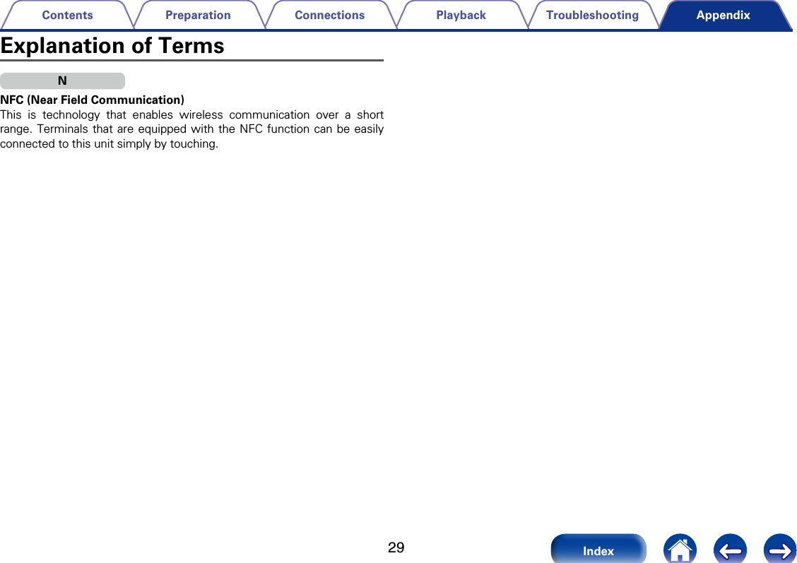 29TroubleshootingPlaybackConnectionsPreparationContentsIndexAppendixExplanation of TermsNNFC (Near Field Communication)This is technology that enables wireless communication over a short range. Terminals that are equipped with the NFC function can be easily connected to this unit simply by touching. 