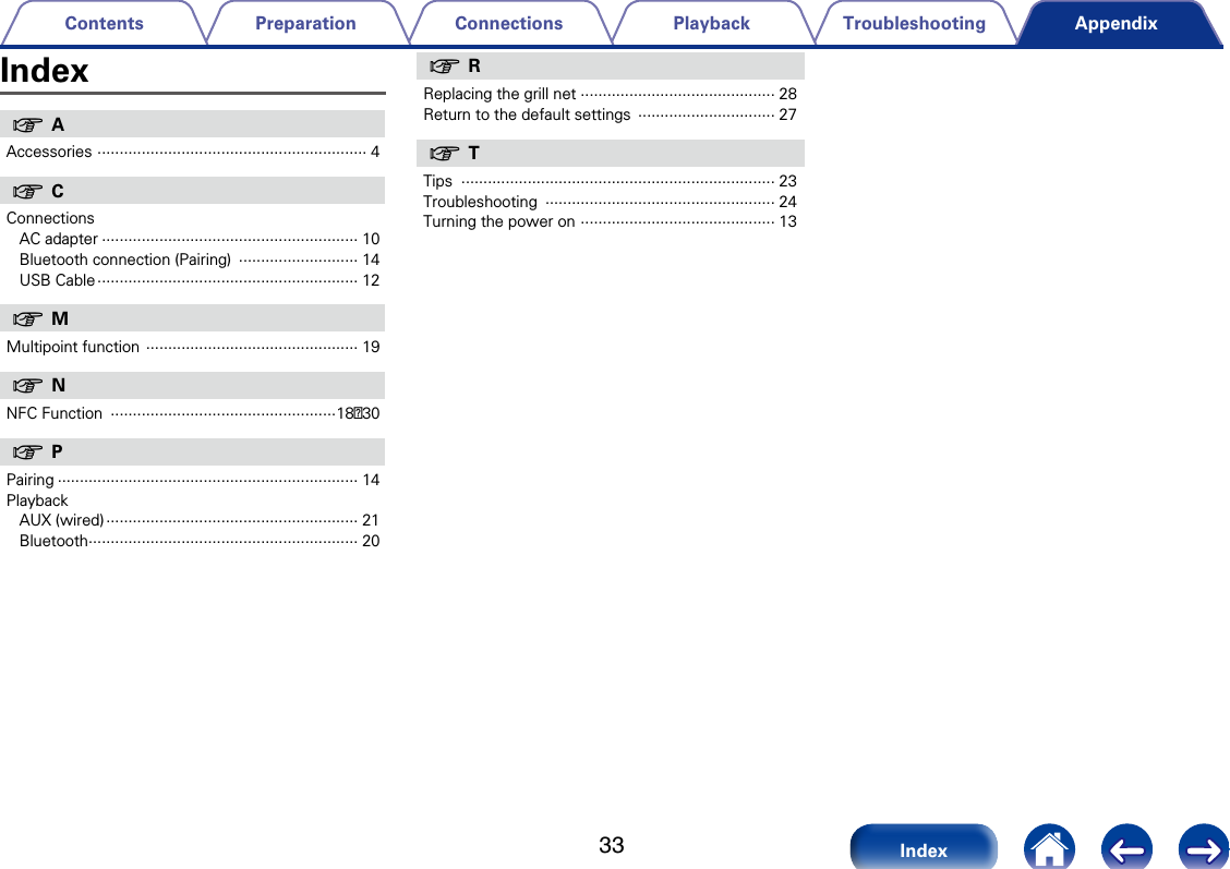 33TroubleshootingPlaybackConnectionsPreparationContentsIndexAppendix vAAccessories  &middot;&middot;&middot;&middot;&middot;&middot;&middot;&middot;&middot;&middot;&middot;&middot;&middot;&middot;&middot;&middot;&middot;&middot;&middot;&middot;&middot;&middot;&middot;&middot;&middot;&middot;&middot;&middot;&middot;&middot;&middot;&middot;&middot;&middot;&middot;&middot;&middot;&middot;&middot;&middot;&middot;&middot;&middot;&middot;&middot;&middot;&middot;&middot;&middot;&middot;&middot;&middot;&middot;&middot;&middot;&middot;&middot;&middot;&middot;&middot;&middot; 4 vCConnections AC adapter &middot;&middot;&middot;&middot;&middot;&middot;&middot;&middot;&middot;&middot;&middot;&middot;&middot;&middot;&middot;&middot;&middot;&middot;&middot;&middot;&middot;&middot;&middot;&middot;&middot;&middot;&middot;&middot;&middot;&middot;&middot;&middot;&middot;&middot;&middot;&middot;&middot;&middot;&middot;&middot;&middot;&middot;&middot;&middot;&middot;&middot;&middot;&middot;&middot;&middot;&middot;&middot;&middot;&middot;&middot;&middot;&middot;&middot; 10Bluetooth connection (Pairing)  &middot;&middot;&middot;&middot;&middot;&middot;&middot;&middot;&middot;&middot;&middot;&middot;&middot;&middot;&middot;&middot;&middot;&middot;&middot;&middot;&middot;&middot;&middot;&middot;&middot;&middot;&middot; 14USB Cable &middot;&middot;&middot;&middot;&middot;&middot;&middot;&middot;&middot;&middot;&middot;&middot;&middot;&middot;&middot;&middot;&middot;&middot;&middot;&middot;&middot;&middot;&middot;&middot;&middot;&middot;&middot;&middot;&middot;&middot;&middot;&middot;&middot;&middot;&middot;&middot;&middot;&middot;&middot;&middot;&middot;&middot;&middot;&middot;&middot;&middot;&middot;&middot;&middot;&middot;&middot;&middot;&middot;&middot;&middot;&middot;&middot;&middot;&middot; 12 vMMultipoint function  &middot;&middot;&middot;&middot;&middot;&middot;&middot;&middot;&middot;&middot;&middot;&middot;&middot;&middot;&middot;&middot;&middot;&middot;&middot;&middot;&middot;&middot;&middot;&middot;&middot;&middot;&middot;&middot;&middot;&middot;&middot;&middot;&middot;&middot;&middot;&middot;&middot;&middot;&middot;&middot;&middot;&middot;&middot;&middot;&middot;&middot;&middot;&middot; 19 vNNFC Function  &middot;&middot;&middot;&middot;&middot;&middot;&middot;&middot;&middot;&middot;&middot;&middot;&middot;&middot;&middot;&middot;&middot;&middot;&middot;&middot;&middot;&middot;&middot;&middot;&middot;&middot;&middot;&middot;&middot;&middot;&middot;&middot;&middot;&middot;&middot;&middot;&middot;&middot;&middot;&middot;&middot;&middot;&middot;&middot;&middot;&middot;&middot;&middot;&middot;&middot;&middot;18、30 vPPairing &middot;&middot;&middot;&middot;&middot;&middot;&middot;&middot;&middot;&middot;&middot;&middot;&middot;&middot;&middot;&middot;&middot;&middot;&middot;&middot;&middot;&middot;&middot;&middot;&middot;&middot;&middot;&middot;&middot;&middot;&middot;&middot;&middot;&middot;&middot;&middot;&middot;&middot;&middot;&middot;&middot;&middot;&middot;&middot;&middot;&middot;&middot;&middot;&middot;&middot;&middot;&middot;&middot;&middot;&middot;&middot;&middot;&middot;&middot;&middot;&middot;&middot;&middot;&middot;&middot;&middot;&middot;&middot; 14PlaybackAUX (wired) &middot;&middot;&middot;&middot;&middot;&middot;&middot;&middot;&middot;&middot;&middot;&middot;&middot;&middot;&middot;&middot;&middot;&middot;&middot;&middot;&middot;&middot;&middot;&middot;&middot;&middot;&middot;&middot;&middot;&middot;&middot;&middot;&middot;&middot;&middot;&middot;&middot;&middot;&middot;&middot;&middot;&middot;&middot;&middot;&middot;&middot;&middot;&middot;&middot;&middot;&middot;&middot;&middot;&middot;&middot;&middot;&middot; 21Bluetooth &middot;&middot;&middot;&middot;&middot;&middot;&middot;&middot;&middot;&middot;&middot;&middot;&middot;&middot;&middot;&middot;&middot;&middot;&middot;&middot;&middot;&middot;&middot;&middot;&middot;&middot;&middot;&middot;&middot;&middot;&middot;&middot;&middot;&middot;&middot;&middot;&middot;&middot;&middot;&middot;&middot;&middot;&middot;&middot;&middot;&middot;&middot;&middot;&middot;&middot;&middot;&middot;&middot;&middot;&middot;&middot;&middot;&middot;&middot;&middot;&middot; 20Index  vRReplacing the grill net &middot;&middot;&middot;&middot;&middot;&middot;&middot;&middot;&middot;&middot;&middot;&middot;&middot;&middot;&middot;&middot;&middot;&middot;&middot;&middot;&middot;&middot;&middot;&middot;&middot;&middot;&middot;&middot;&middot;&middot;&middot;&middot;&middot;&middot;&middot;&middot;&middot;&middot;&middot;&middot;&middot;&middot;&middot;&middot; 28Return to the default settings  &middot;&middot;&middot;&middot;&middot;&middot;&middot;&middot;&middot;&middot;&middot;&middot;&middot;&middot;&middot;&middot;&middot;&middot;&middot;&middot;&middot;&middot;&middot;&middot;&middot;&middot;&middot;&middot;&middot;&middot;&middot; 27 vTTips  &middot;&middot;&middot;&middot;&middot;&middot;&middot;&middot;&middot;&middot;&middot;&middot;&middot;&middot;&middot;&middot;&middot;&middot;&middot;&middot;&middot;&middot;&middot;&middot;&middot;&middot;&middot;&middot;&middot;&middot;&middot;&middot;&middot;&middot;&middot;&middot;&middot;&middot;&middot;&middot;&middot;&middot;&middot;&middot;&middot;&middot;&middot;&middot;&middot;&middot;&middot;&middot;&middot;&middot;&middot;&middot;&middot;&middot;&middot;&middot;&middot;&middot;&middot;&middot;&middot;&middot;&middot;&middot;&middot;&middot;&middot; 23Troubleshooting  &middot;&middot;&middot;&middot;&middot;&middot;&middot;&middot;&middot;&middot;&middot;&middot;&middot;&middot;&middot;&middot;&middot;&middot;&middot;&middot;&middot;&middot;&middot;&middot;&middot;&middot;&middot;&middot;&middot;&middot;&middot;&middot;&middot;&middot;&middot;&middot;&middot;&middot;&middot;&middot;&middot;&middot;&middot;&middot;&middot;&middot;&middot;&middot;&middot;&middot;&middot;&middot; 24Turning the power on  &middot;&middot;&middot;&middot;&middot;&middot;&middot;&middot;&middot;&middot;&middot;&middot;&middot;&middot;&middot;&middot;&middot;&middot;&middot;&middot;&middot;&middot;&middot;&middot;&middot;&middot;&middot;&middot;&middot;&middot;&middot;&middot;&middot;&middot;&middot;&middot;&middot;&middot;&middot;&middot;&middot;&middot;&middot;&middot; 13