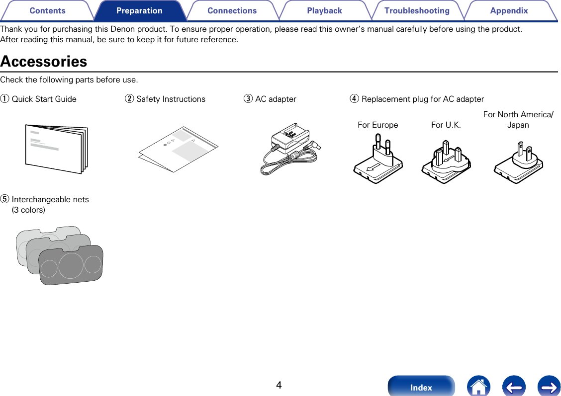 4AppendixTroubleshootingPlaybackConnectionsContentsIndexPreparationAccessoriesCheck the following parts before use. q Quick Start Guide w Safety Instructions e AC adapter r Replacement plug for AC adapter For Europe For U.K.For North America/Japant Interchangeable nets  (3 colors)Thank you for purchasing this Denon product. To ensure proper operation, please read this owner&rsquo;s manual carefully before using the product.After reading this manual, be sure to keep it for future reference.