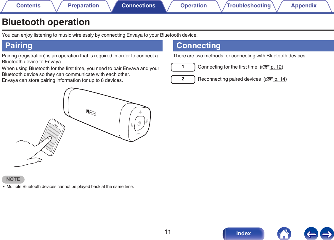 Bluetooth operationYou can enjoy listening to music wirelessly by connecting Envaya to your Bluetooth device.PairingPairing (registration) is an operation that is required in order to connect aBluetooth device to Envaya.When using Bluetooth for the first time, you need to pair Envaya and yourBluetooth device so they can communicate with each other.Envaya can store pairing information for up to 8 devices..NOTE0Multiple Bluetooth devices cannot be played back at the same time.ConnectingThere are two methods for connecting with Bluetooth devices:1Connecting for the first time  (v p. 12)2Reconnecting paired devices  (v p. 14)Contents Preparation Connections Operation Troubleshooting Appendix11 Index