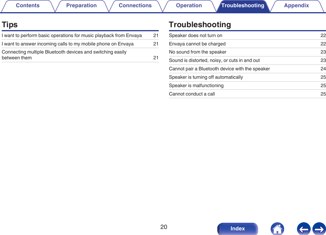TipsI want to perform basic operations for music playback from Envaya 21I want to answer incoming calls to my mobile phone on Envaya 21Connecting multiple Bluetooth devices and switching easilybetween them 21TroubleshootingSpeaker does not turn on 22Envaya cannot be charged 22No sound from the speaker 23Sound is distorted, noisy, or cuts in and out 23Cannot pair a Bluetooth device with the speaker 24Speaker is turning off automatically 25Speaker is malfunctioning 25Cannot conduct a call 25Contents Preparation Connections Operation Troubleshooting Appendix20 Index