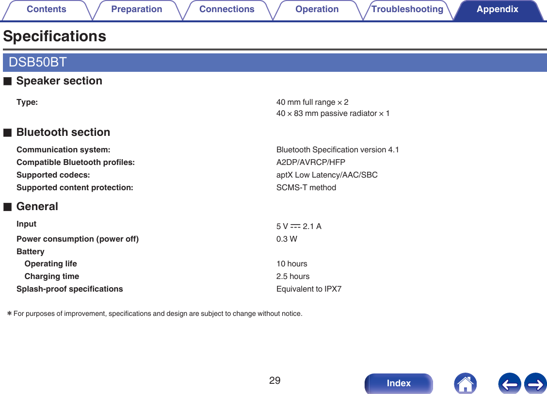 SpecificationsDSB50BToSpeaker sectionType: 40 mm full range &times; 240 &times; 83 mm passive radiator &times; 1oBluetooth sectionCommunication system: Bluetooth Specification version 4.1Compatible Bluetooth profiles: A2DP/AVRCP/HFPSupported codecs: aptX Low Latency/AAC/SBCSupported content protection: SCMS-T methodoGeneralInput 5 V I 2.1 APower consumption (power off) 0.3 WBattery  Operating life 10 hoursCharging time 2.5 hoursSplash-proof specifications Equivalent to IPX7zFor purposes of improvement, specifications and design are subject to change without notice.Contents Preparation Connections Operation Troubleshooting Appendix29 Index