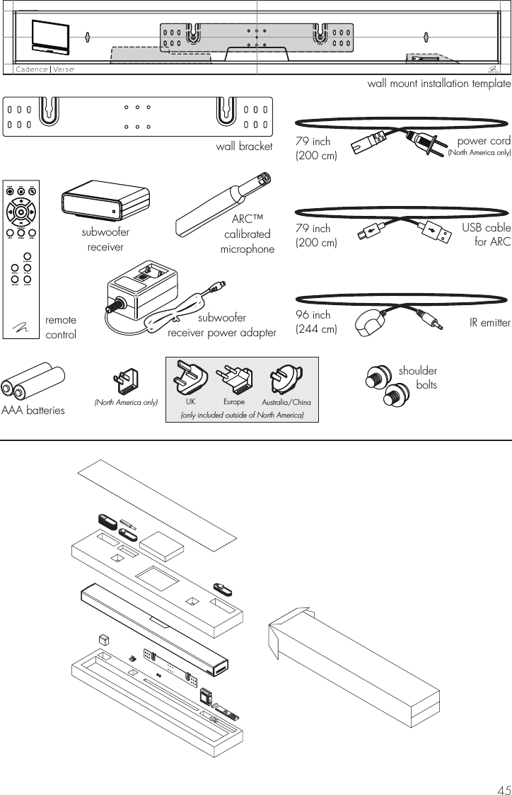 45wall bracketwall mount installation templateremotecontrolsubwooferreceiverARC&trade;calibratedmicrophonepower cord(North America only)79 inch(200 cm)USB cablefor ARC79 inch(200 cm)IR emitter96 inch(244 cm)subwooferreceiver power adapter(North America only) UK Europe Australia/China(only included outside of North America)shoulderboltsAAA batteries