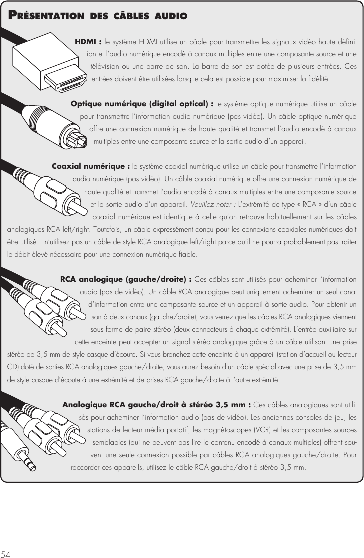 54HDMI : le syst&egrave;me HDMI utilise un c&acirc;ble pour transmettre les signaux vid&eacute;o haute d&eacute;fini-tion et l&rsquo;audio num&eacute;rique encod&eacute; &agrave; canaux multiples entre une composante source et une t&eacute;l&eacute;vision ou une barre de son. La barre de son est dot&eacute;e de plusieurs entr&eacute;es. Ces entr&eacute;es doivent &ecirc;tre utilis&eacute;es lorsque cela est possible pour maximiser la fid&eacute;lit&eacute;.Optique num&eacute;rique (digital optical) : le syst&egrave;me optique num&eacute;rique utilise un c&acirc;ble pour transmettre l&rsquo;information audio num&eacute;rique (pas vid&eacute;o). Un c&acirc;ble optique num&eacute;rique offre une connexion num&eacute;rique de haute qualit&eacute; et transmet l&rsquo;audio encod&eacute; &agrave; canaux multiples entre une composante source et la sortie audio d&rsquo;un appareil.Coaxial num&eacute;rique : le syst&egrave;me coaxial num&eacute;rique utilise un c&acirc;ble pour transmettre l&rsquo;information audio num&eacute;rique (pas vid&eacute;o). Un c&acirc;ble coaxial num&eacute;rique offre une connexion num&eacute;rique de haute qualit&eacute; et transmet l&rsquo;audio encod&eacute; &agrave; canaux multiples entre une composante source et la sortie audio d&rsquo;un appareil. Veuillez noter : L&rsquo;extr&eacute;mit&eacute; de type &laquo; RCA &raquo; d&rsquo;un c&acirc;ble coaxial num&eacute;rique est identique &agrave; celle qu&rsquo;on retrouve habituellement sur les c&acirc;bles analogiques RCA left/right. Toutefois, un c&acirc;ble express&eacute;ment con&ccedil;u pour les connexions coaxiales num&eacute;riques doit &ecirc;tre utilis&eacute; &ndash; n&rsquo;utilisez pas un c&acirc;ble de style RCA analogique left/right parce qu&rsquo;il ne pourra probablement pas traiter le d&eacute;bit &eacute;lev&eacute; n&eacute;cessaire pour une connexion num&eacute;rique fiable.RCA analogique (gauche/droite) : Ces c&acirc;bles sont utilis&eacute;s pour acheminer l&rsquo;information audio (pas de vid&eacute;o). Un c&acirc;ble RCA analogique peut uniquement acheminer un seul canal d&rsquo;information entre une composante source et un appareil &agrave; sortie audio. Pour obtenir un son &agrave; deux canaux (gauche/droite), vous verrez que les c&acirc;bles RCA analogiques viennent sous forme de paire st&eacute;r&eacute;o (deux connecteurs &agrave; chaque extr&eacute;mit&eacute;). L&rsquo;entr&eacute;e auxiliaire sur cette enceinte peut accepter un signal st&eacute;r&eacute;o analogique gr&acirc;ce &agrave; un c&acirc;ble utilisant une prise st&eacute;r&eacute;o de 3,5 mm de style casque d&rsquo;&eacute;coute. Si vous branchez cette enceinte &agrave; un appareil (station d&rsquo;accueil ou lecteur CD) dot&eacute; de sorties RCA analogiques gauche/droite, vous aurez besoin d&rsquo;un c&acirc;ble sp&eacute;cial avec une prise de 3,5 mm de style casque d&rsquo;&eacute;coute &agrave; une extr&eacute;mit&eacute; et de prises RCA gauche/droite &agrave; l&rsquo;autre extr&eacute;mit&eacute;.Analogique RCA gauche/droit &agrave; st&eacute;r&eacute;o 3,5 mm : Ces c&acirc;bles analogiques sont utili-s&eacute;s pour acheminer l&rsquo;information audio (pas de vid&eacute;o). Les anciennes consoles de jeu, les stations de lecteur m&eacute;dia portatif, les magn&eacute;toscopes (VCR) et les composantes sources semblables (qui ne peuvent pas lire le contenu encod&eacute; &agrave; canaux multiples) offrent sou-vent une seule connexion possible par c&acirc;bles RCA analogiques gauche/droite. Pour raccorder ces appareils, utilisez le c&acirc;ble RCA gauche/droit &agrave; st&eacute;r&eacute;o 3,5 mm.Pr&eacute;sentatIon des c&acirc;Bles audIo