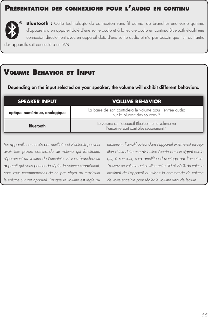 55Bluetooth : Cette technologie de connexion sans fil permet de brancher une vaste gamme d&rsquo;appareils &agrave; un appareil dot&eacute; d&rsquo;une sortie audio et &agrave; la lecture audio en continu. Bluetooth &eacute;tablit une connexion directement avec un appareil dot&eacute; d&rsquo;une sortie audio et n&rsquo;a pas besoin que l&rsquo;un ou l&rsquo;autre des appareils soit connect&eacute; &agrave; un LAN.volume BehavIor By InPutDepending on the input selected on your speaker, the volume will exhibit different behaviors.SPEAKER INPUT VOLUME BEHAVIORoptique num&eacute;rique, analogique La barre de son contr&ocirc;lera le volume pour l&rsquo;entr&eacute;e audiosur la plupart des sources.*BluetoothLe volume sur l&rsquo;appareil Bluetooth et le volume surl&rsquo;enceinte sont contr&ocirc;l&eacute;s s&eacute;par&eacute;ment.*Les appareils connect&eacute;s par auxiliaire et Bluetooth peuvent avoir leur propre commande du volume qui fonctionne s&eacute;par&eacute;ment du volume de l&rsquo;enceinte. Si vous branchez un appareil qui vous permet de r&eacute;gler le volume s&eacute;par&eacute;ment, nous vous recommandons de ne pas r&eacute;gler au maximum le volume sur cet appareil. Lorsque le volume est r&eacute;gl&eacute; au maximum, l&rsquo;amplificateur dans l&rsquo;appareil externe est suscep-tible d&rsquo;introduire une distorsion &eacute;lev&eacute;e dans le signal audio qui, &agrave; son tour, sera amplifi&eacute;e davantage par l&rsquo;enceinte. Trouvez un volume qui se situe entre 50 et 75 % du volume maximal de l&rsquo;appareil et utilisez la commande de volume de votre enceinte pour r&eacute;gler le volume final de lecture.Pr&eacute;sentatIon des connexIons Pour l&rsquo;audIo en contInu