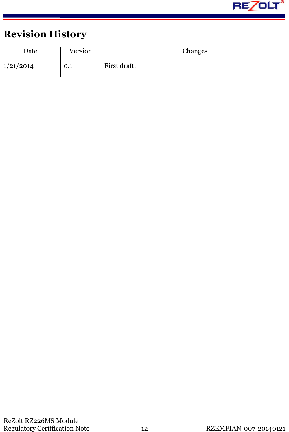    ReZolt RZ226MS Module Regulatory Certification Note  12  RZEMFIAN-007-20140121 Revision History Date Version Changes 1/21/2014 0.1 First draft.  