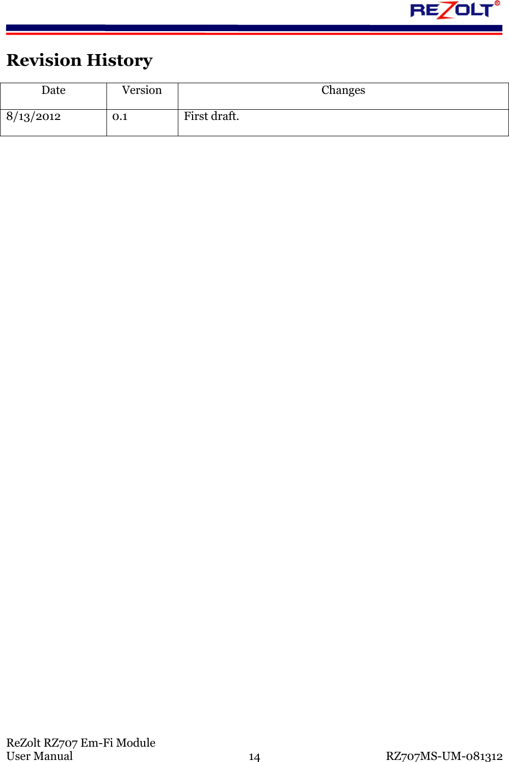 ReZolt RZ707 Em-Fi Module User Manual 14 RZ707MS-UM-081312 Revision History Date Version Changes 8/13/2012 0.1 First draft.