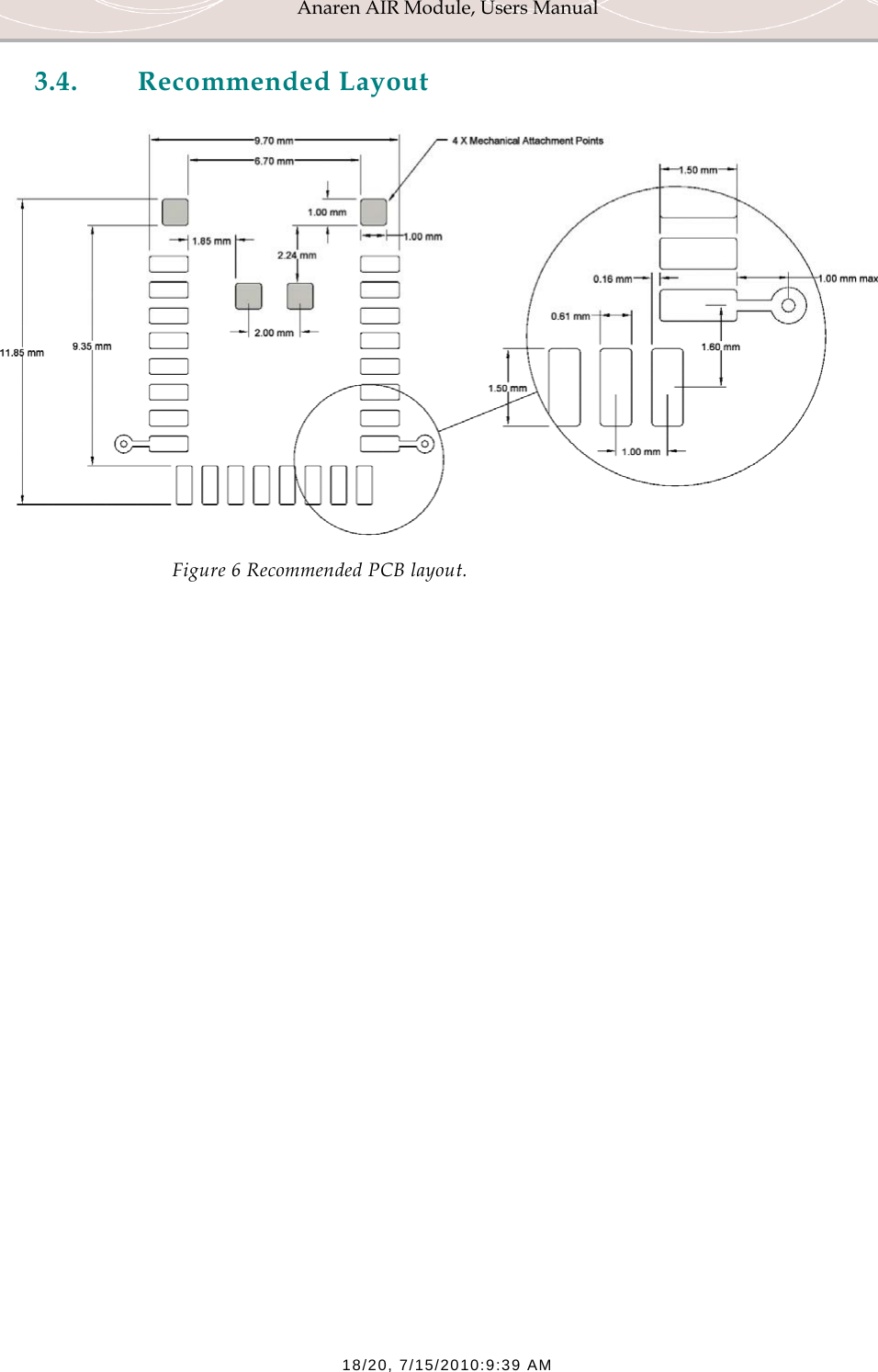 Anaren AIR Module, Users Manual  18/20, 7/15/2010:9:39 AM 3.4. Recommended Layout  Figure 6 Recommended PCB layout.  