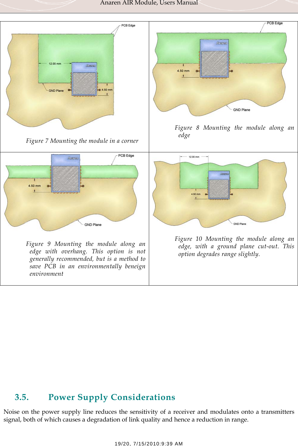 Anaren AIR Module, Users Manual  19/20, 7/15/2010:9:39 AM  Figure 7 Mounting the module in a corner  Figure 8 Mounting the module along an edge  Figure 9 Mounting the module along an edge with overhang. This option is not generally recommended, but is a method to save PCB in an environmentally beneign environment  Figure 10 Mounting the module along an edge, with a ground plane cut-out. This option degrades range slightly.        3.5. Power Supply Considerations Noise on the power supply line reduces the sensitivity of a receiver and modulates onto a transmitters signal, both of which causes a degradation of link quality and hence a reduction in range.  