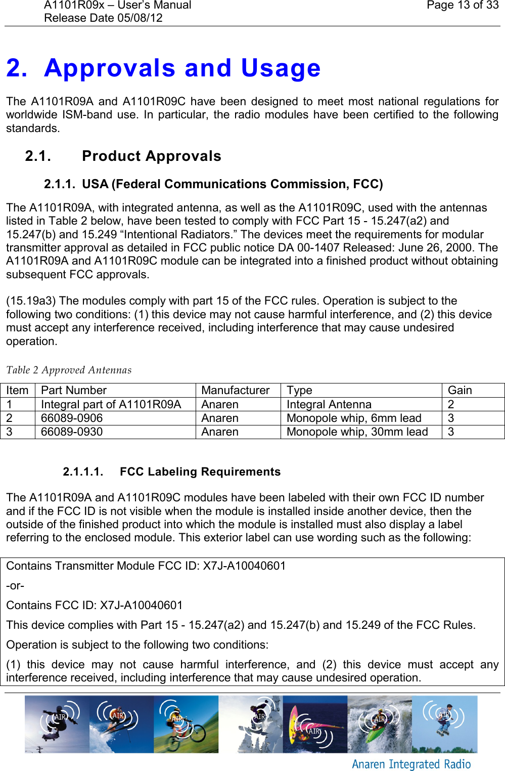 A1101R09x &ndash; User&rsquo;s Manual    Page 13 of 33 Release Date 05/08/12        2. Approvals and Usage The  A1101R09A  and  A1101R09C  have  been  designed  to  meet  most  national  regulations for worldwide ISM-band  use.  In  particular,  the  radio  modules  have been  certified  to  the  following standards. 2.1.  Product Approvals 2.1.1.  USA (Federal Communications Commission, FCC) The A1101R09A, with integrated antenna, as well as the A1101R09C, used with the antennas listed in Table 2 below, have been tested to comply with FCC Part 15 - 15.247(a2) and 15.247(b) and 15.249 &ldquo;Intentional Radiators.&rdquo; The devices meet the requirements for modular transmitter approval as detailed in FCC public notice DA 00-1407 Released: June 26, 2000. The A1101R09A and A1101R09C module can be integrated into a finished product without obtaining subsequent FCC approvals.  (15.19a3) The modules comply with part 15 of the FCC rules. Operation is subject to the following two conditions: (1) this device may not cause harmful interference, and (2) this device must accept any interference received, including interference that may cause undesired operation.  Table 2 Approved Antennas Item Part Number Manufacturer Type Gain 1 Integral part of A1101R09A Anaren Integral Antenna 2 2 66089-0906 Anaren Monopole whip, 6mm lead 3 3 66089-0930 Anaren Monopole whip, 30mm lead 3  2.1.1.1.  FCC Labeling Requirements The A1101R09A and A1101R09C modules have been labeled with their own FCC ID number and if the FCC ID is not visible when the module is installed inside another device, then the outside of the finished product into which the module is installed must also display a label referring to the enclosed module. This exterior label can use wording such as the following:  Contains Transmitter Module FCC ID: X7J-A10040601 -or- Contains FCC ID: X7J-A10040601 This device complies with Part 15 - 15.247(a2) and 15.247(b) and 15.249 of the FCC Rules.  Operation is subject to the following two conditions:  (1)  this  device  may  not  cause  harmful  interference,  and  (2)  this  device  must  accept  any interference received, including interference that may cause undesired operation. 