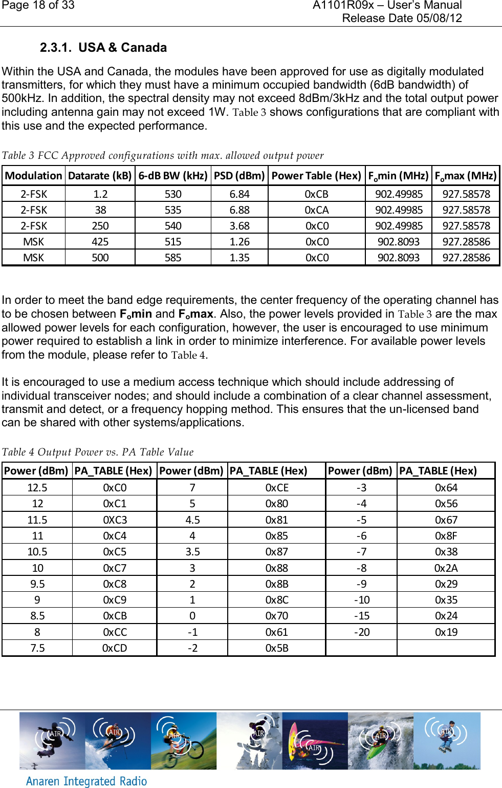Page 18 of 33    A1101R09x &ndash; User&rsquo;s Manual     Release Date 05/08/12     2.3.1.  USA &amp; Canada Within the USA and Canada, the modules have been approved for use as digitally modulated transmitters, for which they must have a minimum occupied bandwidth (6dB bandwidth) of 500kHz. In addition, the spectral density may not exceed 8dBm/3kHz and the total output power including antenna gain may not exceed 1W. Table 3 shows configurations that are compliant with this use and the expected performance.  Table 3 FCC Approved configurations with max. allowed output power    In order to meet the band edge requirements, the center frequency of the operating channel has to be chosen between Fomin and Fomax. Also, the power levels provided in Table 3 are the max allowed power levels for each configuration, however, the user is encouraged to use minimum power required to establish a link in order to minimize interference. For available power levels from the module, please refer to Table 4.  It is encouraged to use a medium access technique which should include addressing of individual transceiver nodes; and should include a combination of a clear channel assessment, transmit and detect, or a frequency hopping method. This ensures that the un-licensed band can be shared with other systems/applications.  Table 4 Output Power vs. PA Table Value     Modulation Datarate (kB) 6-dB BW (kHz) PSD (dBm) Power Table (Hex)Fomin (MHz) Fomax (MHz)2-FSK 1.2 530 6.84 0xCB 902.49985 927.585782-FSK 38 535 6.88 0xCA 902.49985 927.585782-FSK 250 540 3.68 0xC0 902.49985 927.58578MSK 425 515 1.26 0xC0 902.8093 927.28586MSK 500 585 1.35 0xC0 902.8093 927.28586Power (dBm) PA_TABLE (Hex) Power (dBm) PA_TABLE (Hex) Power (dBm) PA_TABLE (Hex)12.5 0xC0 7 0xCE -3 0x6412 0xC1 5 0x80 -4 0x5611.5 0XC3 4.5 0x81 -5 0x6711 0xC4 4 0x85 -6 0x8F10.5 0xC5 3.5 0x87 -7 0x3810 0xC7 3 0x88 -8 0x2A9.5 0xC8 2 0x8B -9 0x299 0xC9 1 0x8C -10 0x358.5 0xCB 0 0x70 -15 0x248 0xCC -1 0x61 -20 0x197.5 0xCD -2 0x5B
