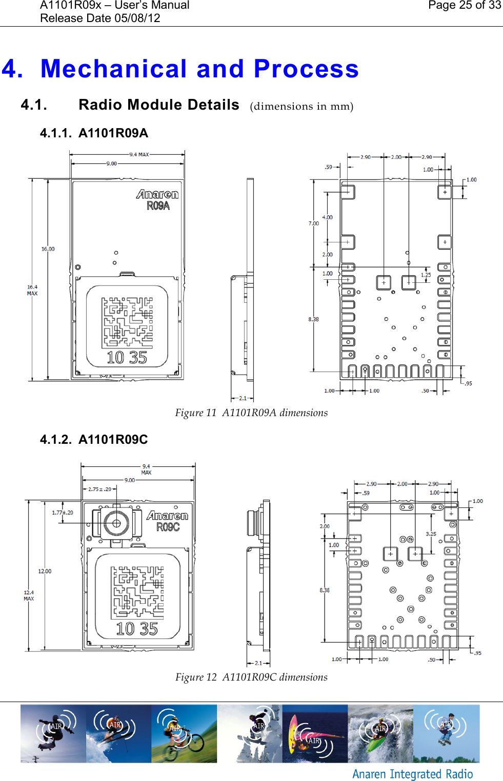 A1101R09x &ndash; User&rsquo;s Manual    Page 25 of 33 Release Date 05/08/12        4. Mechanical and Process 4.1.  Radio Module Details  (dimensions in mm) 4.1.1.  A1101R09A  Figure 11  A1101R09A dimensions 4.1.2.  A1101R09C  Figure 12  A1101R09C dimensions 