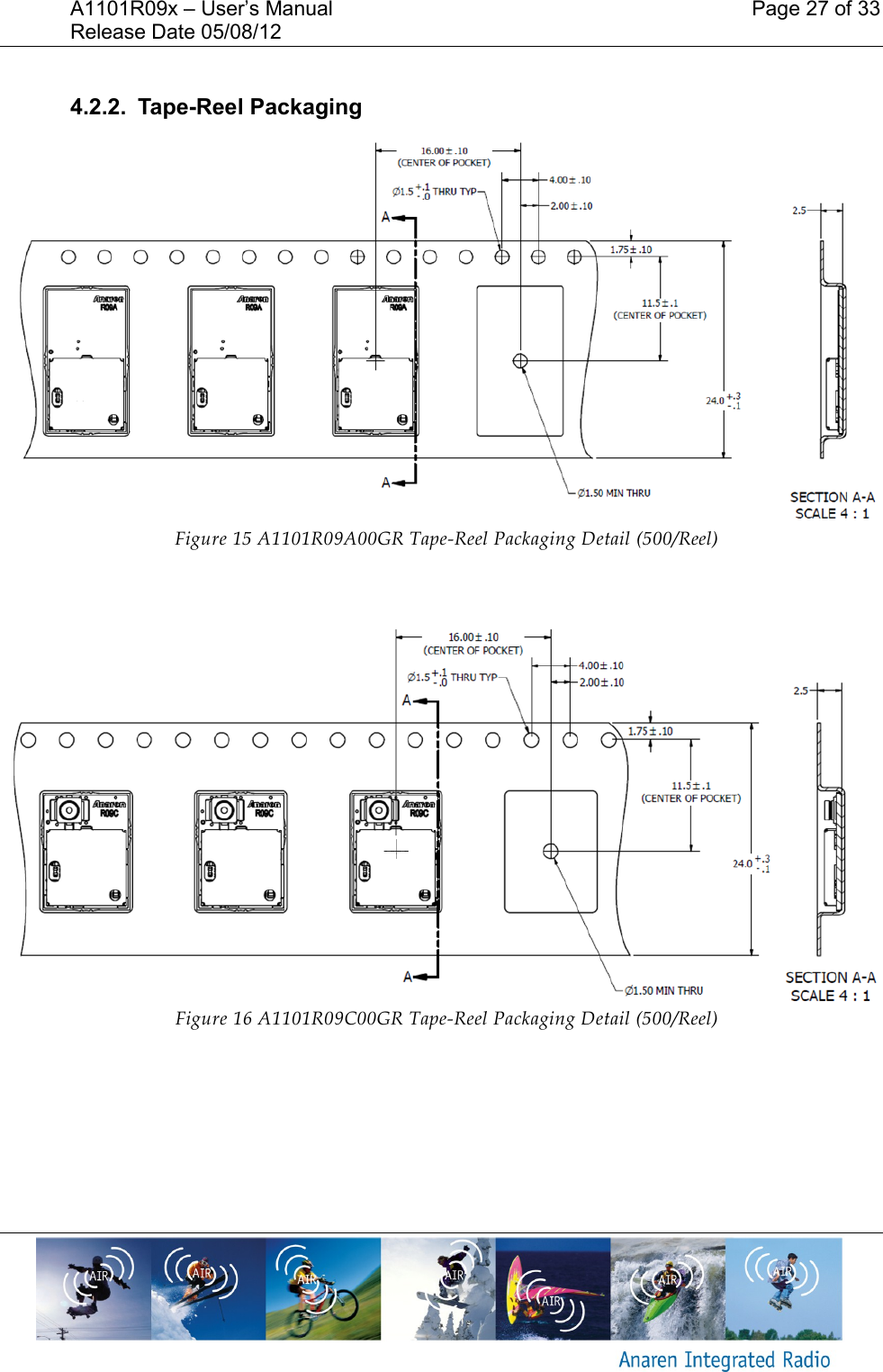 A1101R09x &ndash; User&rsquo;s Manual    Page 27 of 33 Release Date 05/08/12        4.2.2.  Tape-Reel Packaging Figure 15 A1101R09A00GR Tape-Reel Packaging Detail (500/Reel)  Figure 16 A1101R09C00GR Tape-Reel Packaging Detail (500/Reel) 