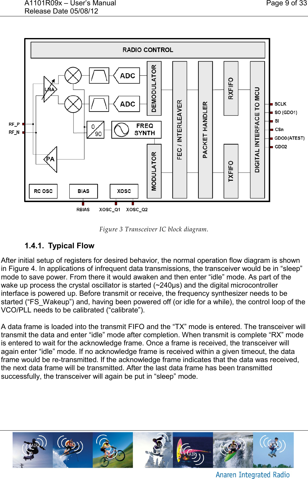 A1101R09x &ndash; User&rsquo;s Manual    Page 9 of 33 Release Date 05/08/12         Figure 3 Transceiver IC block diagram. 1.4.1.  Typical Flow After initial setup of registers for desired behavior, the normal operation flow diagram is shown in Figure 4. In applications of infrequent data transmissions, the transceiver would be in &ldquo;sleep&rdquo; mode to save power. From there it would awaken and then enter &ldquo;idle&rdquo; mode. As part of the wake up process the crystal oscillator is started (~240&mu;s) and the digital microcontroller interface is powered up. Before transmit or receive, the frequency synthesizer needs to be started (&ldquo;FS_Wakeup&rdquo;) and, having been powered off (or idle for a while), the control loop of the VCO/PLL needs to be calibrated (&ldquo;calibrate&rdquo;).  A data frame is loaded into the transmit FIFO and the &ldquo;TX&rdquo; mode is entered. The transceiver will transmit the data and enter &ldquo;idle&rdquo; mode after completion. When transmit is complete &ldquo;RX&rdquo; mode is entered to wait for the acknowledge frame. Once a frame is received, the transceiver will again enter &ldquo;idle&rdquo; mode. If no acknowledge frame is received within a given timeout, the data frame would be re-transmitted. If the acknowledge frame indicates that the data was received, the next data frame will be transmitted. After the last data frame has been transmitted successfully, the transceiver will again be put in &ldquo;sleep&rdquo; mode. 