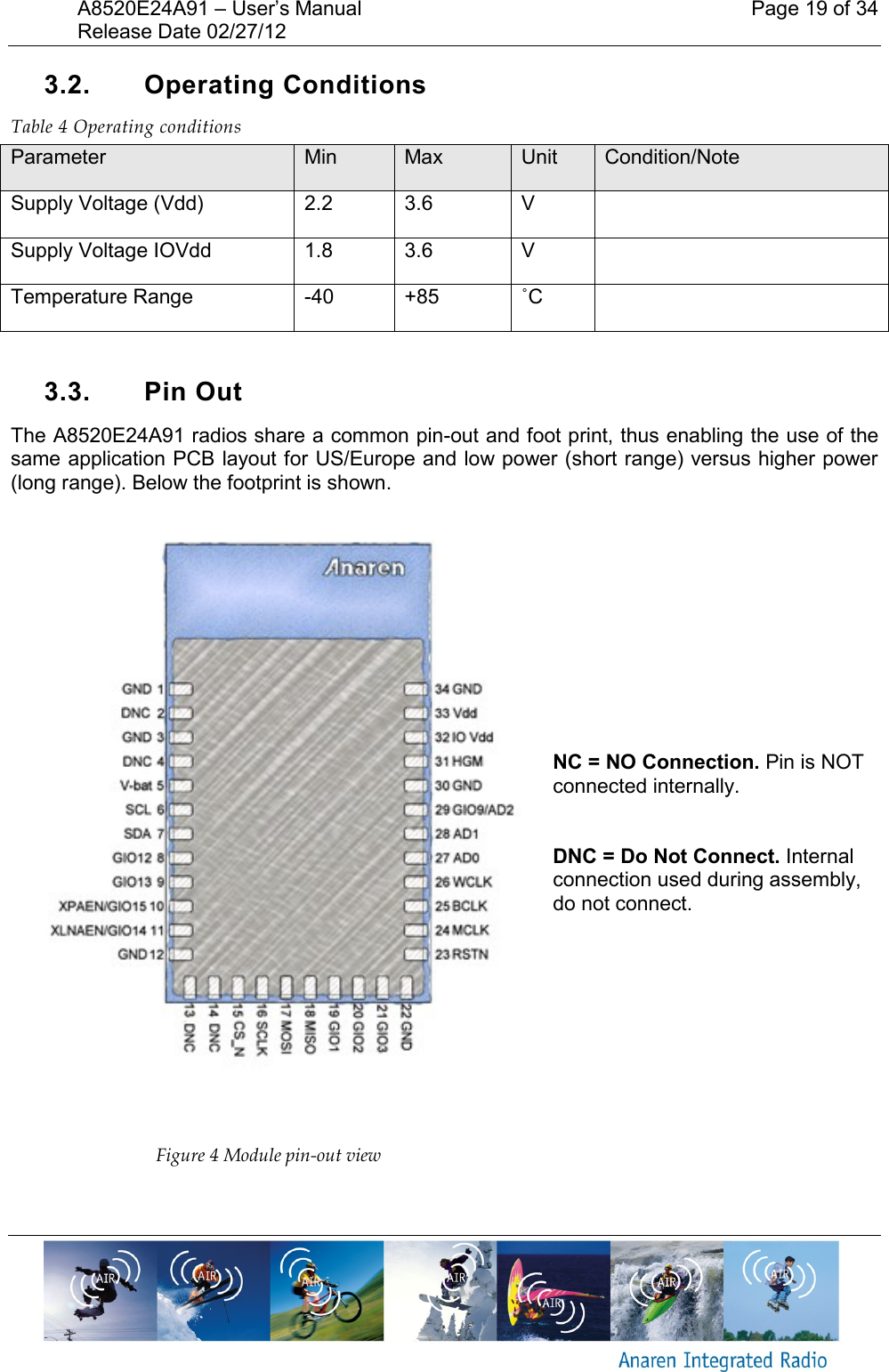 A8520E24A91 &ndash; User&rsquo;s Manual    Page 19 of 34 Release Date 02/27/12       3.2.  Operating Conditions Table 4 Operating conditions Parameter Min Max Unit Condition/Note Supply Voltage (Vdd) 2.2 3.6 V  Supply Voltage IOVdd 1.8 3.6 V  Temperature Range -40 +85 ˚C   3.3.  Pin Out The A8520E24A91 radios share a common pin-out and foot print, thus enabling the use of the same application PCB layout for US/Europe and low power (short range) versus higher power (long range). Below the footprint is shown.   Figure 4 Module pin-out view           NC = NO Connection. Pin is NOT connected internally.   DNC = Do Not Connect. Internal connection used during assembly, do not connect.  