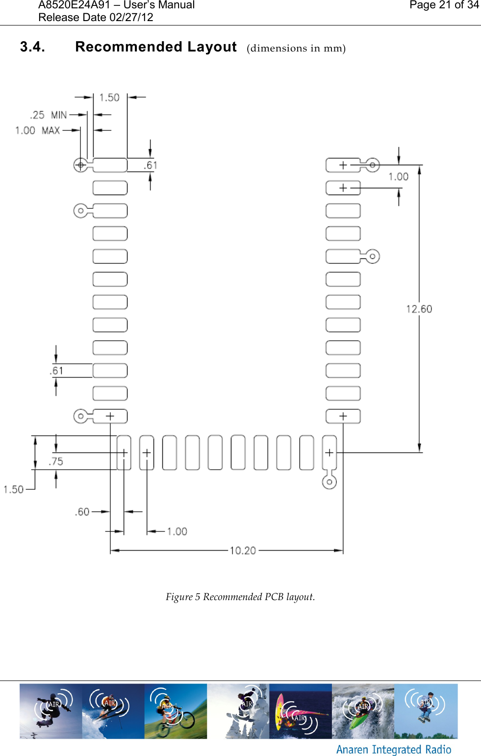 A8520E24A91 &ndash; User&rsquo;s Manual    Page 21 of 34 Release Date 02/27/12       3.4.  Recommended Layout  (dimensions in mm)    Figure 5 Recommended PCB layout.  