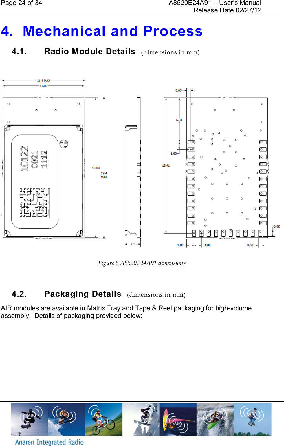 Page 24 of 34    A8520E24A91 &ndash; User&rsquo;s Manual     Release Date 02/27/12     4. Mechanical and Process 4.1.  Radio Module Details  (dimensions in mm)    Figure 8 A8520E24A91 dimensions   4.2.  Packaging Details  (dimensions in mm) AIR modules are available in Matrix Tray and Tape &amp; Reel packaging for high-volume assembly.  Details of packaging provided below:        