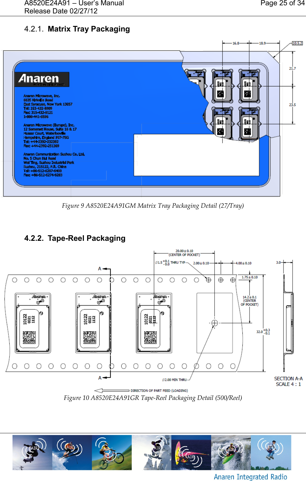 A8520E24A91 &ndash; User&rsquo;s Manual    Page 25 of 34 Release Date 02/27/12       4.2.1.  Matrix Tray Packaging  Figure 9 A8520E24A91GM Matrix Tray Packaging Detail (27/Tray)  4.2.2.  Tape-Reel Packaging Figure 10 A8520E24A91GR Tape-Reel Packaging Detail (500/Reel)    