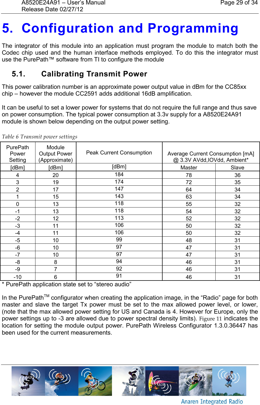 A8520E24A91 &ndash; User&rsquo;s Manual    Page 29 of 34 Release Date 02/27/12       5. Configuration and Programming The integrator  of this module into  an  application must  program the  module to  match  both the Codec chip  used  and  the  human  interface methods  employed. To  do  this  the  integrator must use the PurePath&trade; software from TI to configure the module 5.1.  Calibrating Transmit Power This power calibration number is an approximate power output value in dBm for the CC85xx chip &ndash; however the module CC2591 adds additional 16dB amplification.  It can be useful to set a lower power for systems that do not require the full range and thus save on power consumption. The typical power consumption at 3.3v supply for a A8520E24A91 module is shown below depending on the output power setting.  Table 6 Transmit power settings PurePath Power Setting Module Output Power (Approximate) Peak Current Consumption Average Current Consumption [mA] @ 3.3V AVdd,IOVdd, Ambient* [dBm] [dBm] [dBm] Master Slave 4 20 184 78 36 3 19 174 72 35 2 17 147 64 34 1 15 143 63 34 0 13 118 55 32 -1 13 118 54 32 -2 12 113 52 32 -3 11 106 50 32 -4 11 106 50 32 -5 10 99 48 31 -6 10 97 47 31 -7 10 97 47 31 -8 8 94 46 31 -9 7 92 46 31 -10 6 91 46 31 * PurePath application state set to &ldquo;stereo audio&rdquo; In the PurePathTM configurator when creating the application image, in the &ldquo;Radio&rdquo; page for both master  and  slave  the  target  Tx  power  must  be set  to  the  max  allowed power  level,  or  lower, (note that the max allowed power setting for US and Canada is 4. However for Europe, only the power settings up to -3 are allowed due to power spectral density limits). Figure 11 indicates the location for setting the module output power. PurePath Wireless Configurator 1.3.0.36447 has been used for the current measurements. 