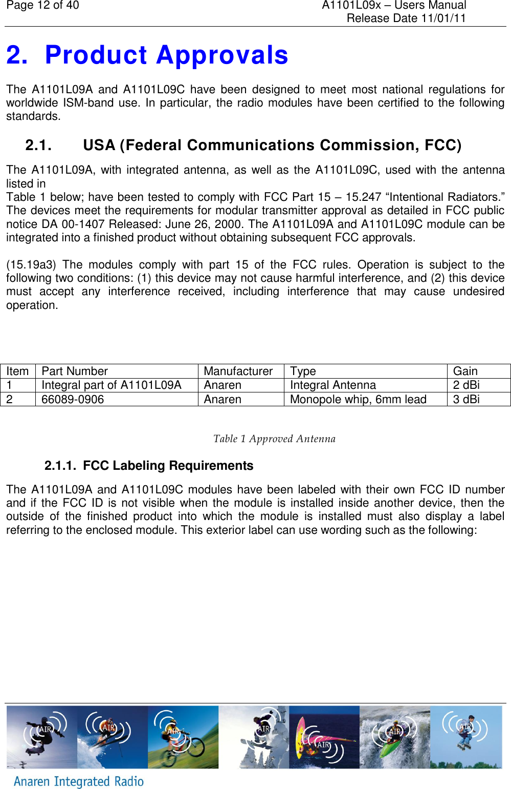 Page 12 of 40    A1101L09x &ndash; Users Manual     Release Date 11/01/11     2.  Product Approvals The  A1101L09A and  A1101L09C  have  been  designed  to  meet  most  national  regulations for worldwide ISM-band use. In particular, the radio modules have been certified to the following standards.   2.1.  USA (Federal Communications Commission, FCC) The A1101L09A, with integrated antenna, as well as the  A1101L09C, used with the antenna listed in  Table 1 below; have been tested to comply with FCC Part 15 &ndash; 15.247 &ldquo;Intentional Radiators.&rdquo; The devices meet the requirements for modular transmitter approval as detailed in FCC public notice DA 00-1407 Released: June 26, 2000. The A1101L09A and A1101L09C module can be integrated into a finished product without obtaining subsequent FCC approvals.  (15.19a3)  The  modules  comply  with  part  15  of  the  FCC  rules.  Operation  is  subject  to  the following two conditions: (1) this device may not cause harmful interference, and (2) this device must  accept  any  interference  received,  including  interference  that  may  cause  undesired operation.      Item Part Number Manufacturer Type Gain 1 Integral part of A1101L09A Anaren Integral Antenna 2 dBi 2 66089-0906 Anaren Monopole whip, 6mm lead 3 dBi  Table 1 Approved Antenna 2.1.1.  FCC Labeling Requirements The A1101L09A and A1101L09C modules have been labeled with their own FCC ID number and if  the FCC ID is not visible when the module is installed inside another device, then the outside  of  the  finished  product  into  which  the  module  is  installed  must  also  display  a  label referring to the enclosed module. This exterior label can use wording such as the following: 