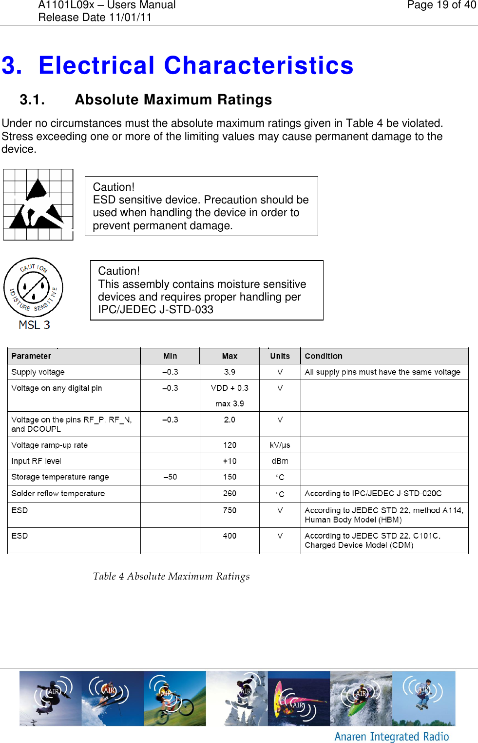 A1101L09x &ndash; Users Manual    Page 19 of 40 Release Date 11/01/11        3.  Electrical Characteristics 3.1.  Absolute Maximum Ratings Under no circumstances must the absolute maximum ratings given in Table 4 be violated. Stress exceeding one or more of the limiting values may cause permanent damage to the device.       Table 4 Absolute Maximum Ratings   Caution! ESD sensitive device. Precaution should be used when handling the device in order to prevent permanent damage. Caution! This assembly contains moisture sensitive devices and requires proper handling per IPC/JEDEC J-STD-033 